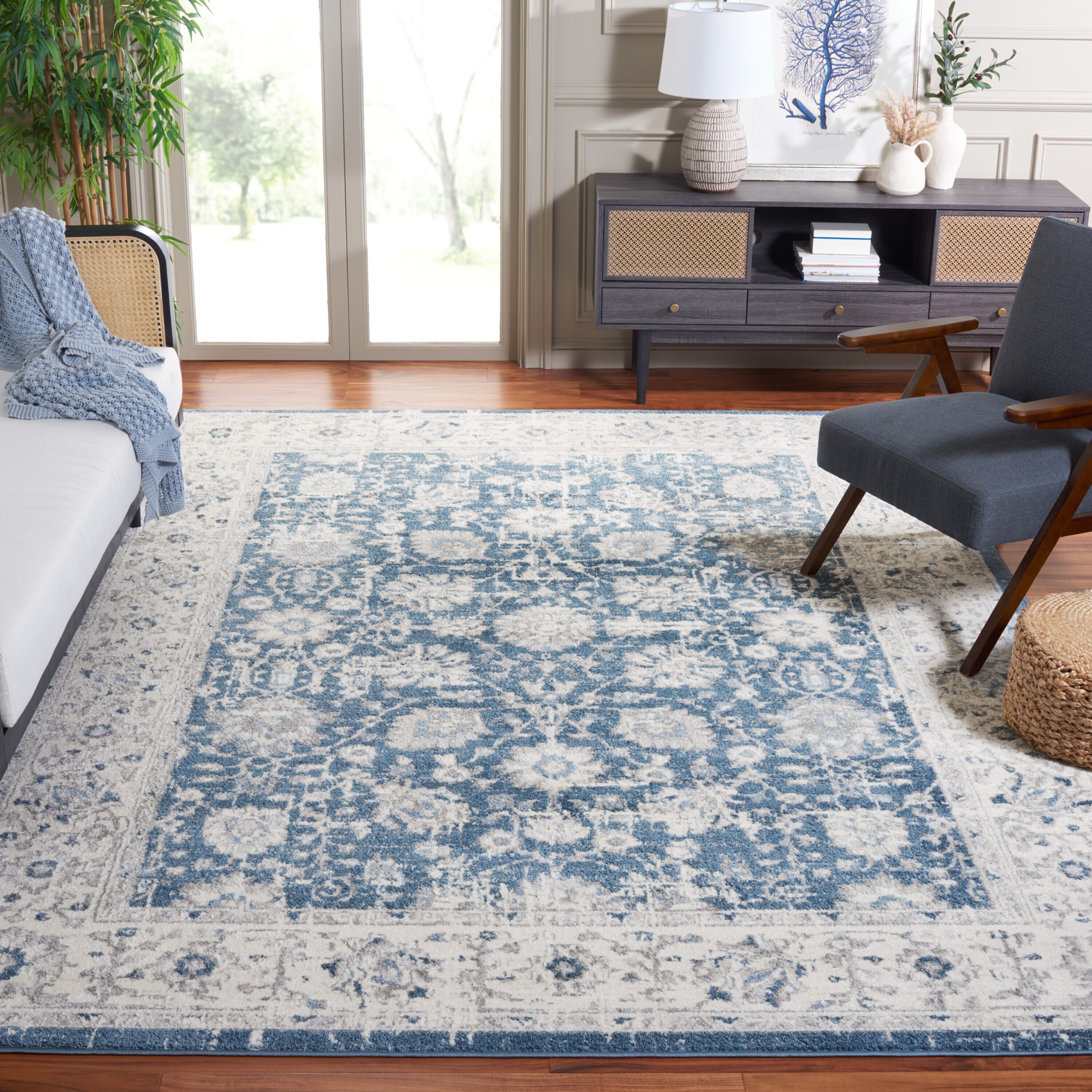 Layla 8 x 10 (ft) Loomed Polypropylene Blue/Ivory Grey Rectangular Indoor Mid-Century Modern Spot Clean Only Area rug