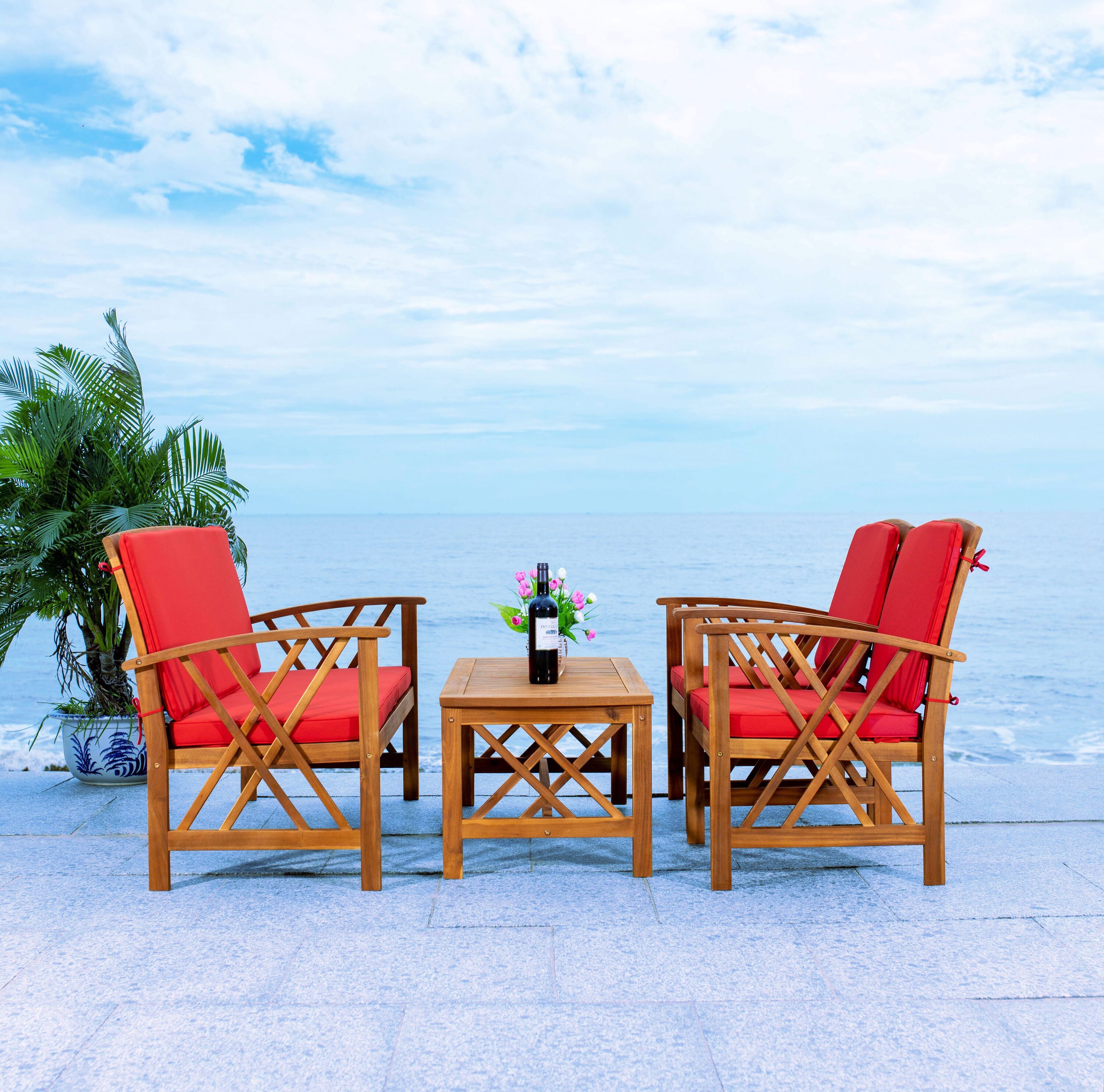 Fontana Natural Acacia Wood 4-Piece Outdoor Set with Red Cushions