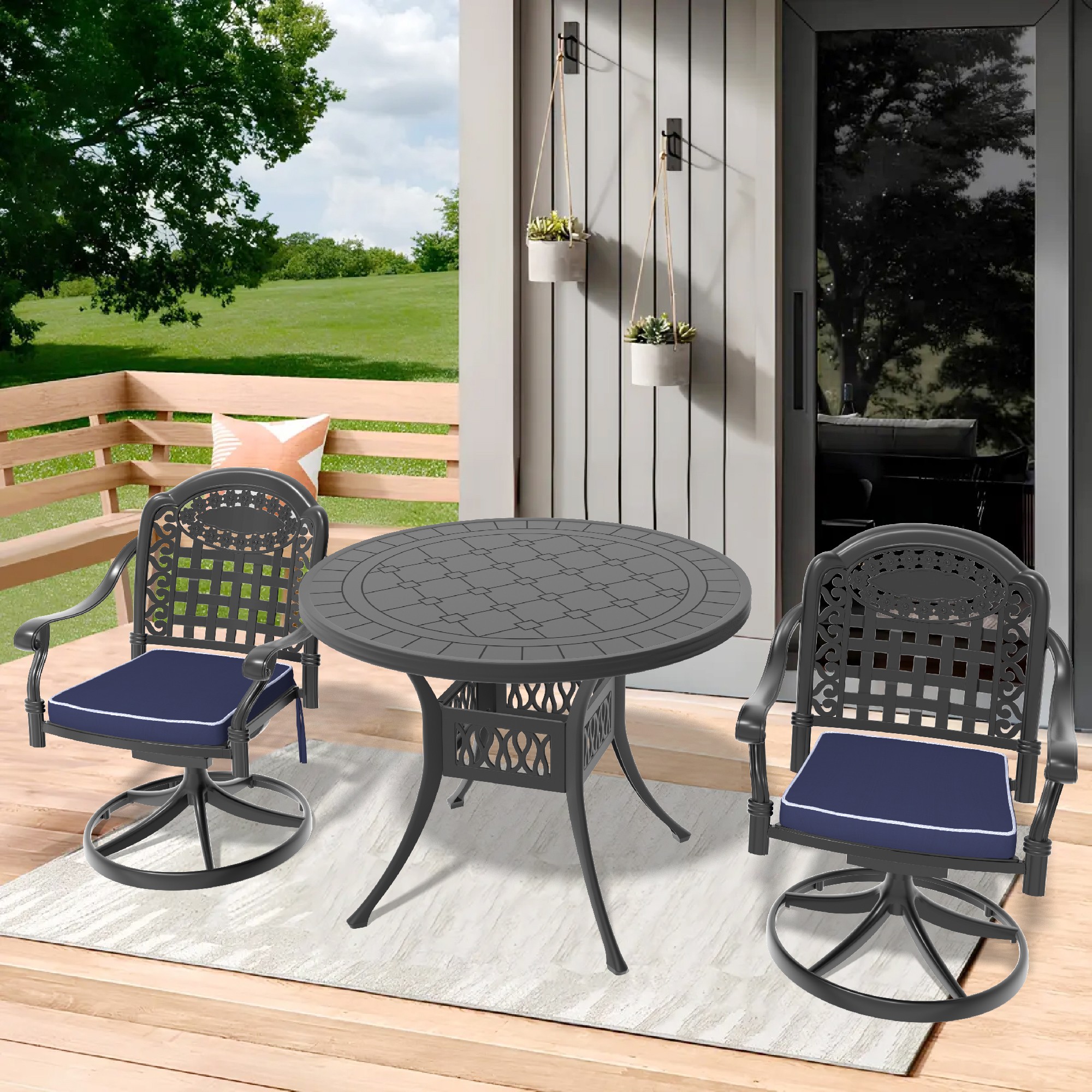 Clihome Patio Dining Sets 3 -Piece Black Patio Dining Set Aluminum Round Table with 2 Blue Cushions Stationary Chairs