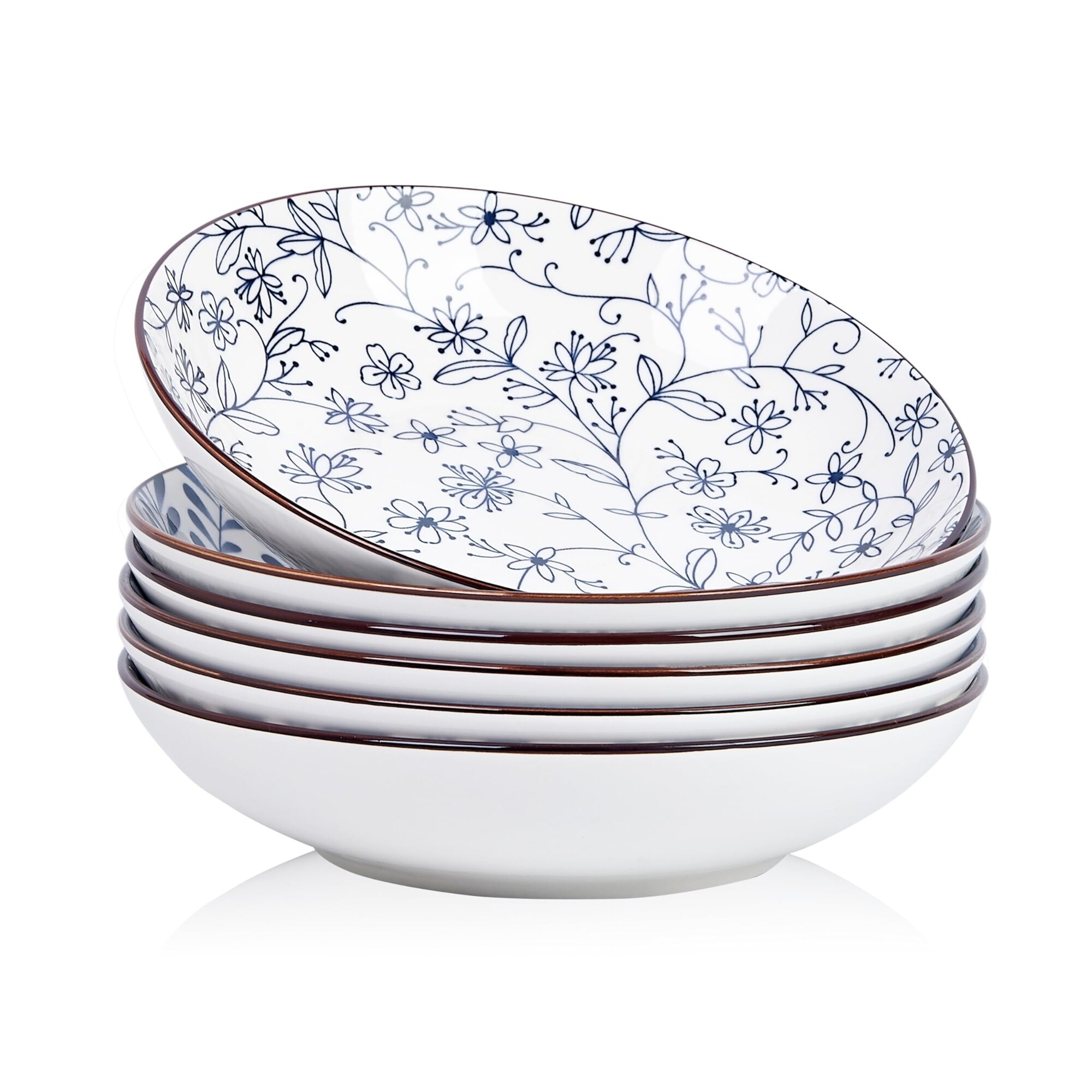 Aoibox  40 fl oz Blue and White Ceramic Pasta Salad and Soup Bowls 9 in Set of 6 Salad Dessert Pasta Soup Bowls
