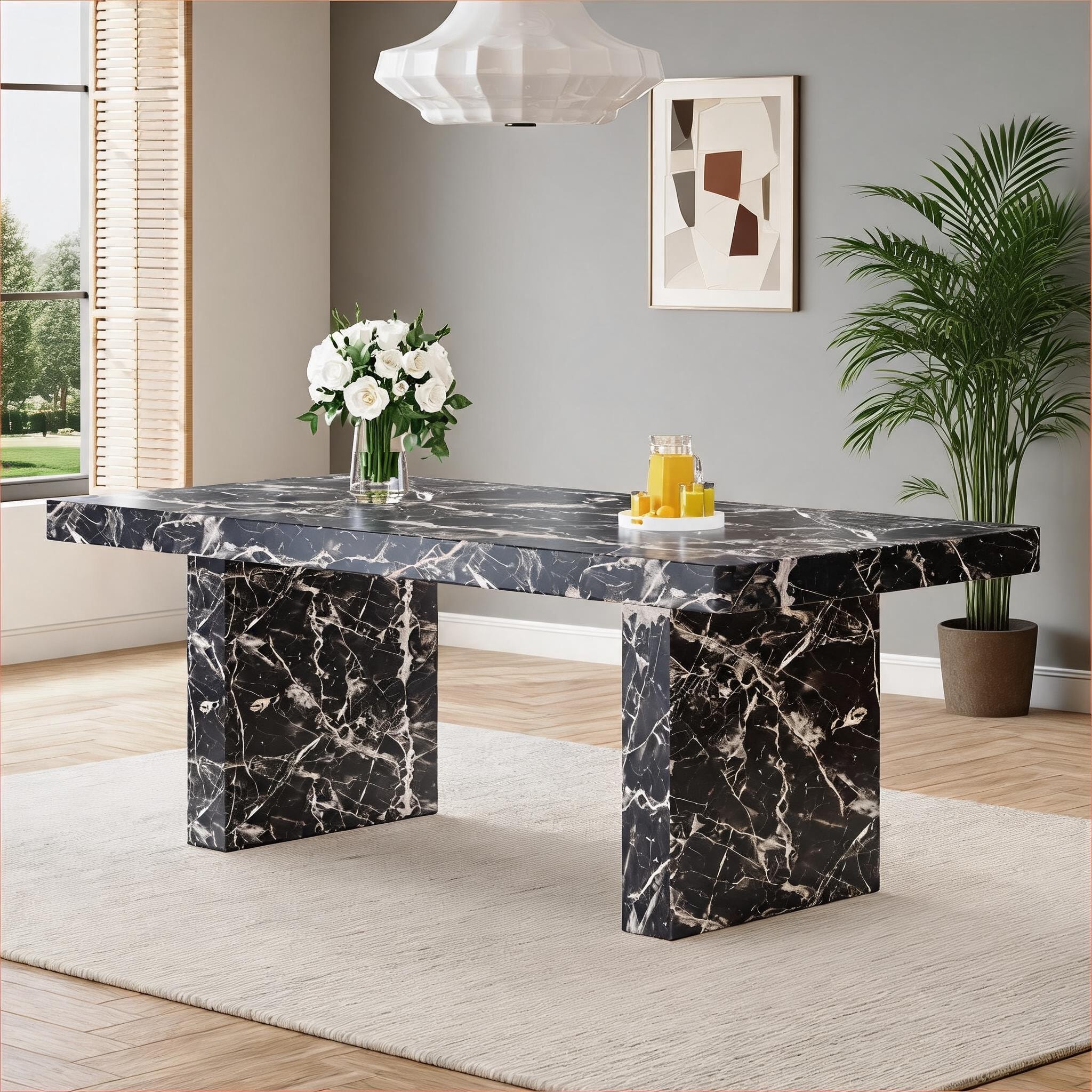 Watnature Modern Rectangular Dining Table Indoor Multi-Use Sleek Black Marble Pattern MDF Seats 8 78.7 Inch Length #7E7ER8Q7I4GL