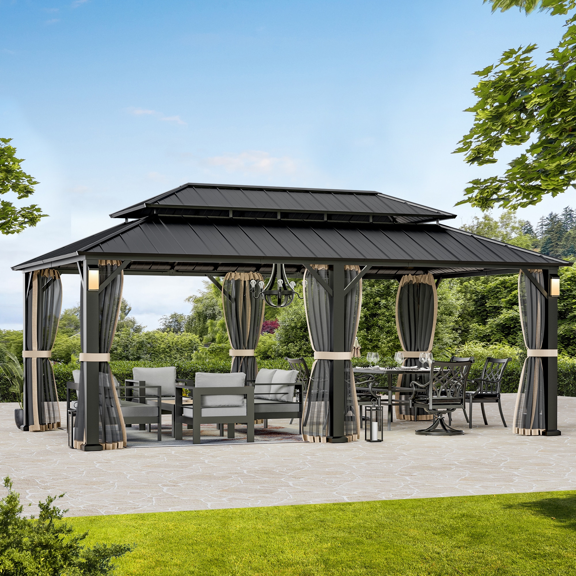 Modern Shade -  12-ft x 20-ft Black Hardtop Gazebo with Mosquito Netting and Solar LED Lights
