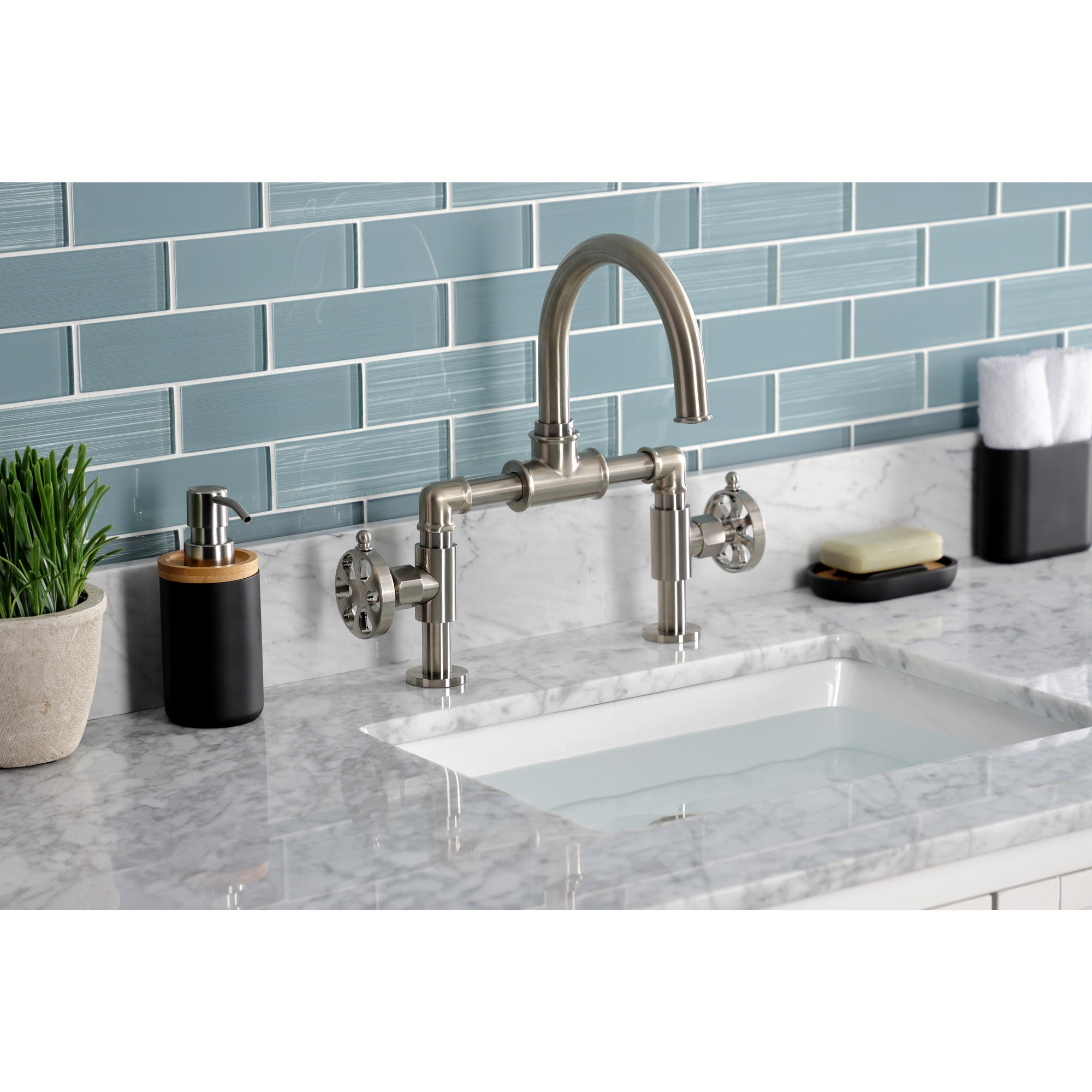 Kingston Brass WLKS2178RX Belknap Brushed nickel 2-hole 2-handle High-arc Residential Handle Bathroom Sink Faucet with Drain