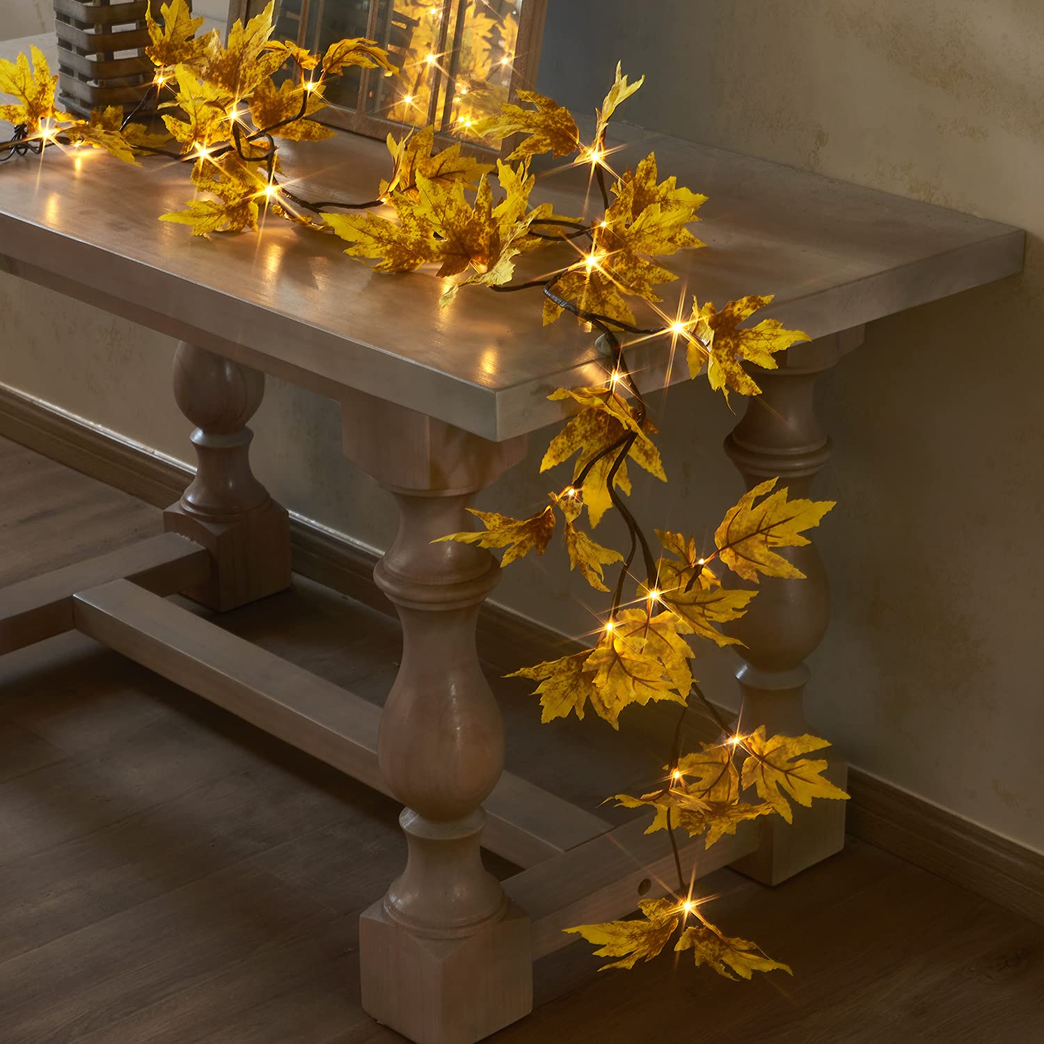 KIWDZFU  Lighted Fall Garland 6FT with 24 Warm White LED Maple Leaf Vine power cell Operated for Indoor Outdoor Autumn Thanksgiving Harvest