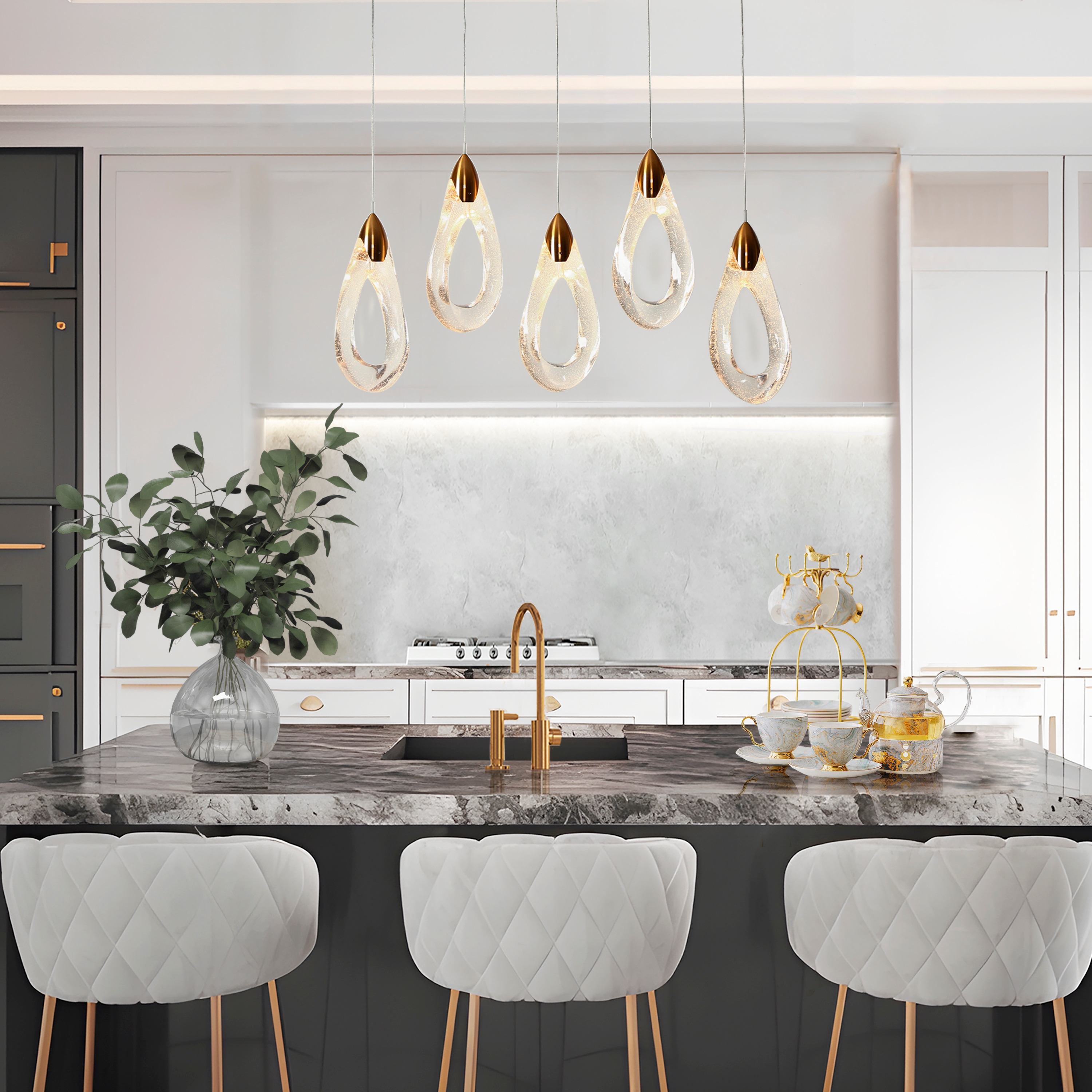 Gold and Clear Resin 5-Light LED Kitchen Island Chandelier
