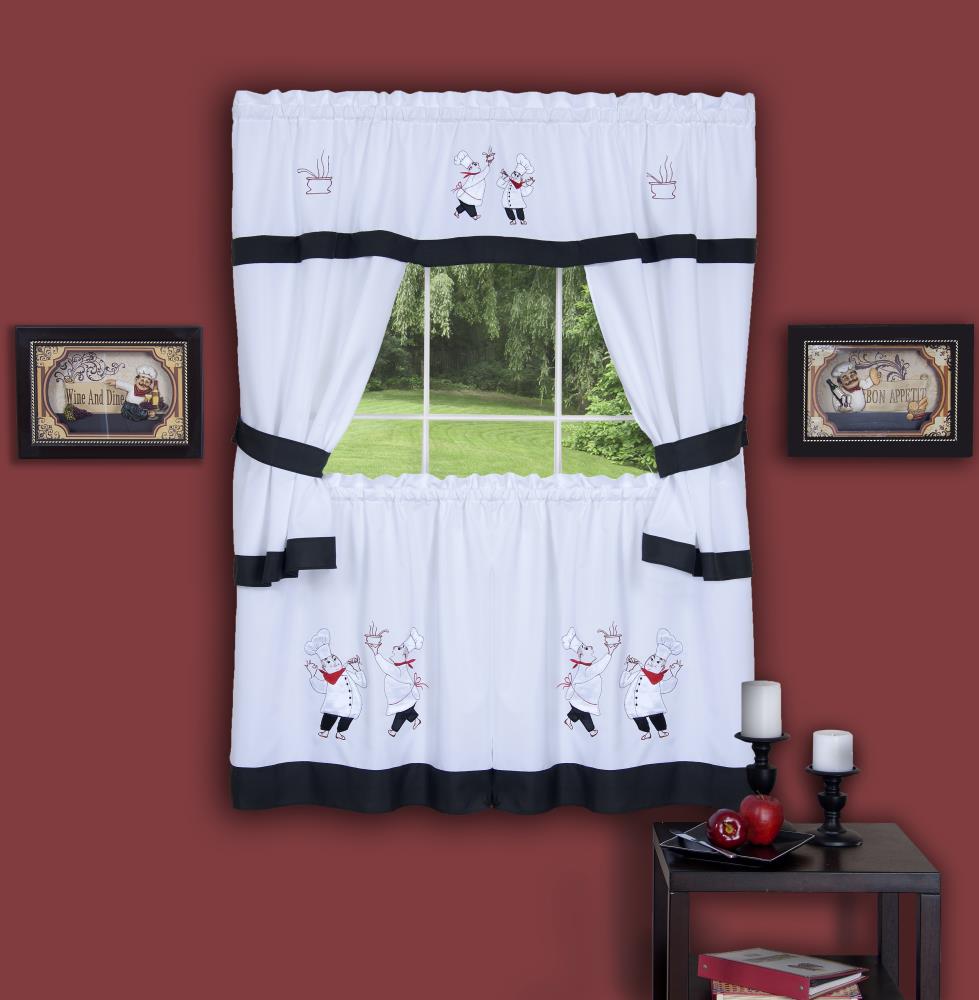 Black and White Faux Silk Embellished Kitchen Curtain Set