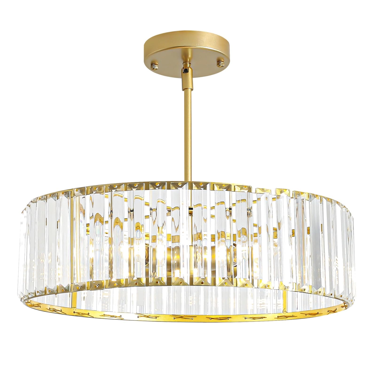 Lukvuzo  Modern Crystal Chandelier 16 Inch Gold Semi Flush Mount Ceiling Light Fixture Round Kitchen Hanging Drum Pendant Light for Bedroom Foyer
