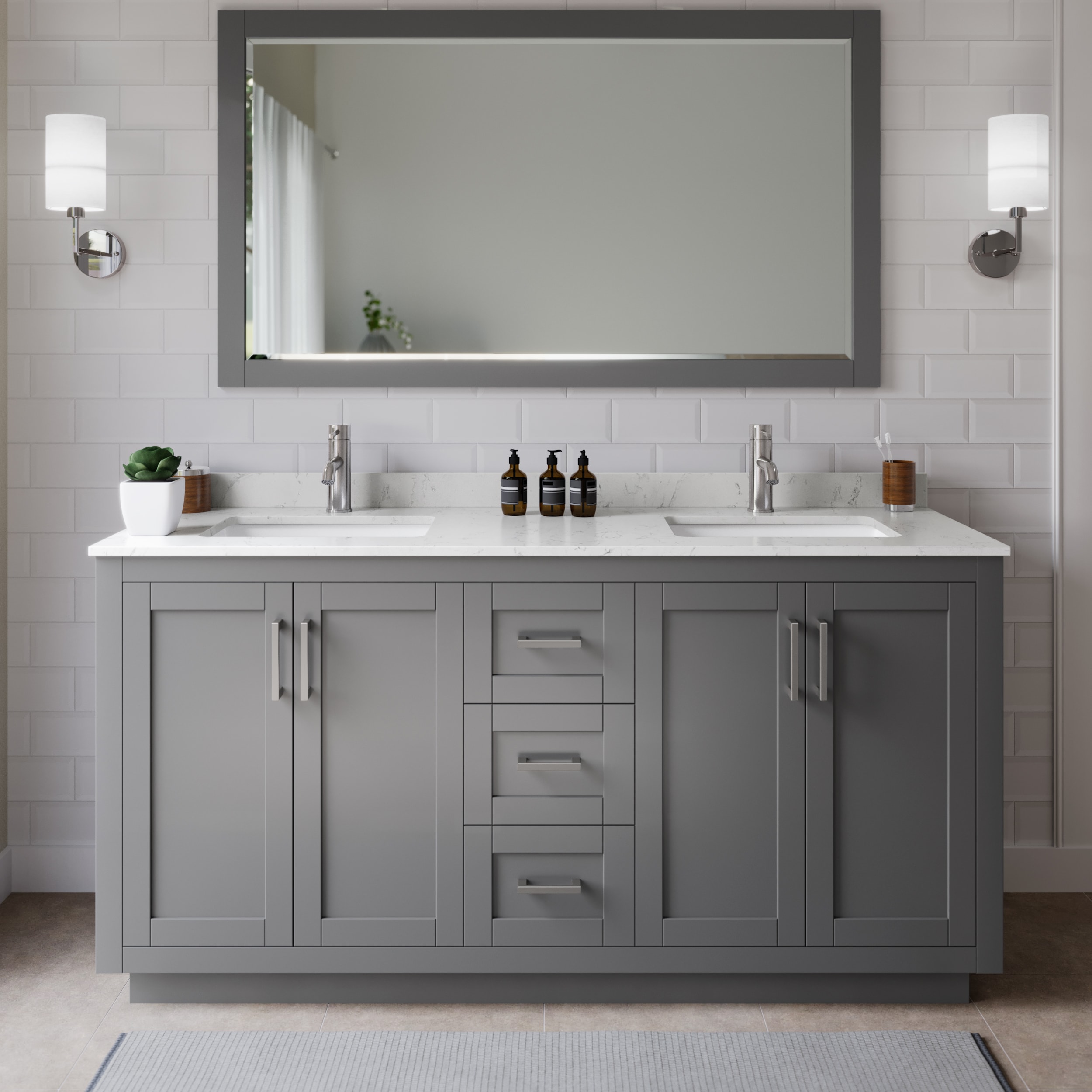 Wyndham Collection WCF292966DKGC2UNSM58 Miranda 66-in Dark Gray with Brushed Nickel Trim Undermount Double sink Bathroom Vanity with Carrara Cultured Marble Cultured marble Top (Mirror Included)