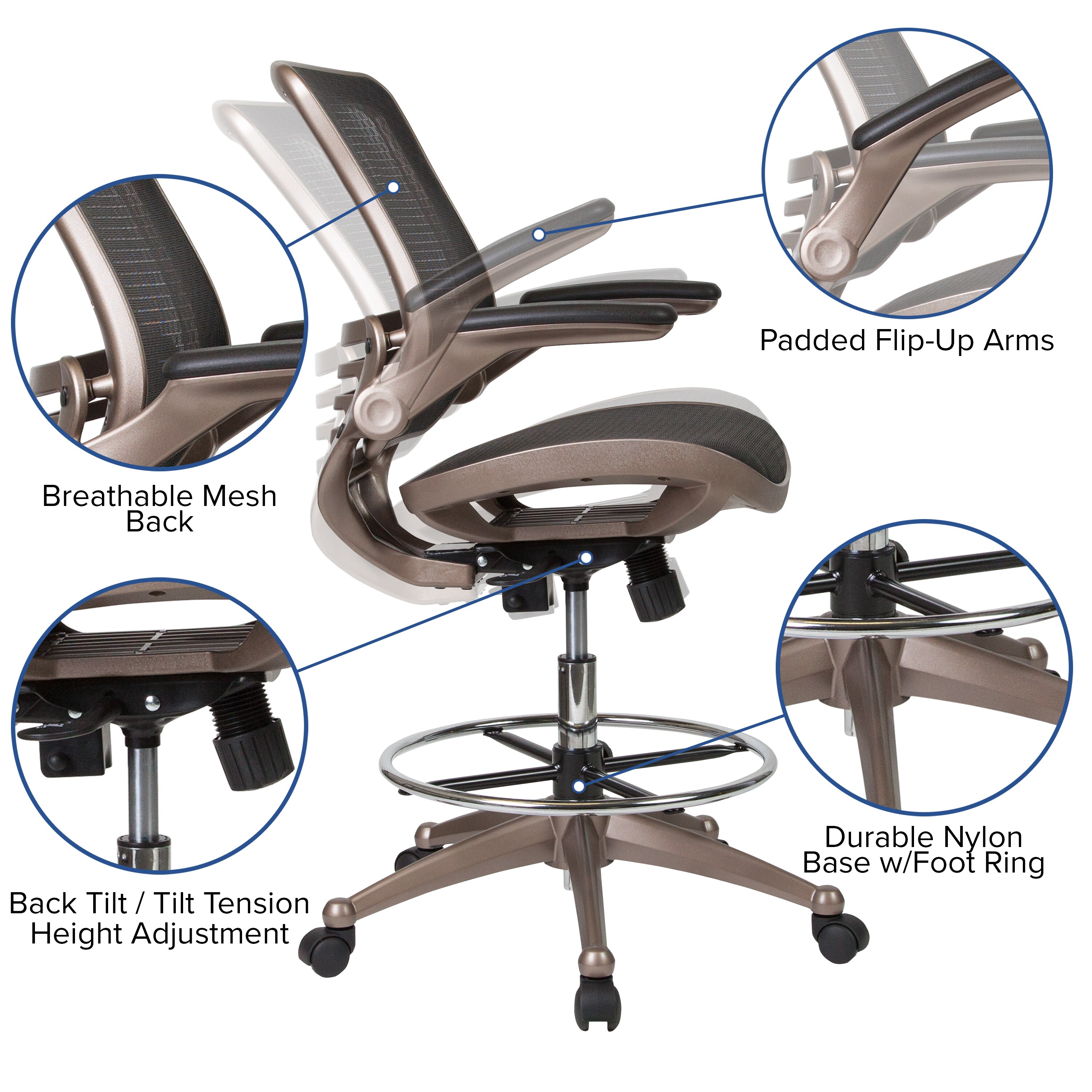 Inbox Zero Flip Top Ergonomic Mesh Drafting Swivel Desk Chair Lumbar Support,  Height Adjustable with Foot Ring & Reviews