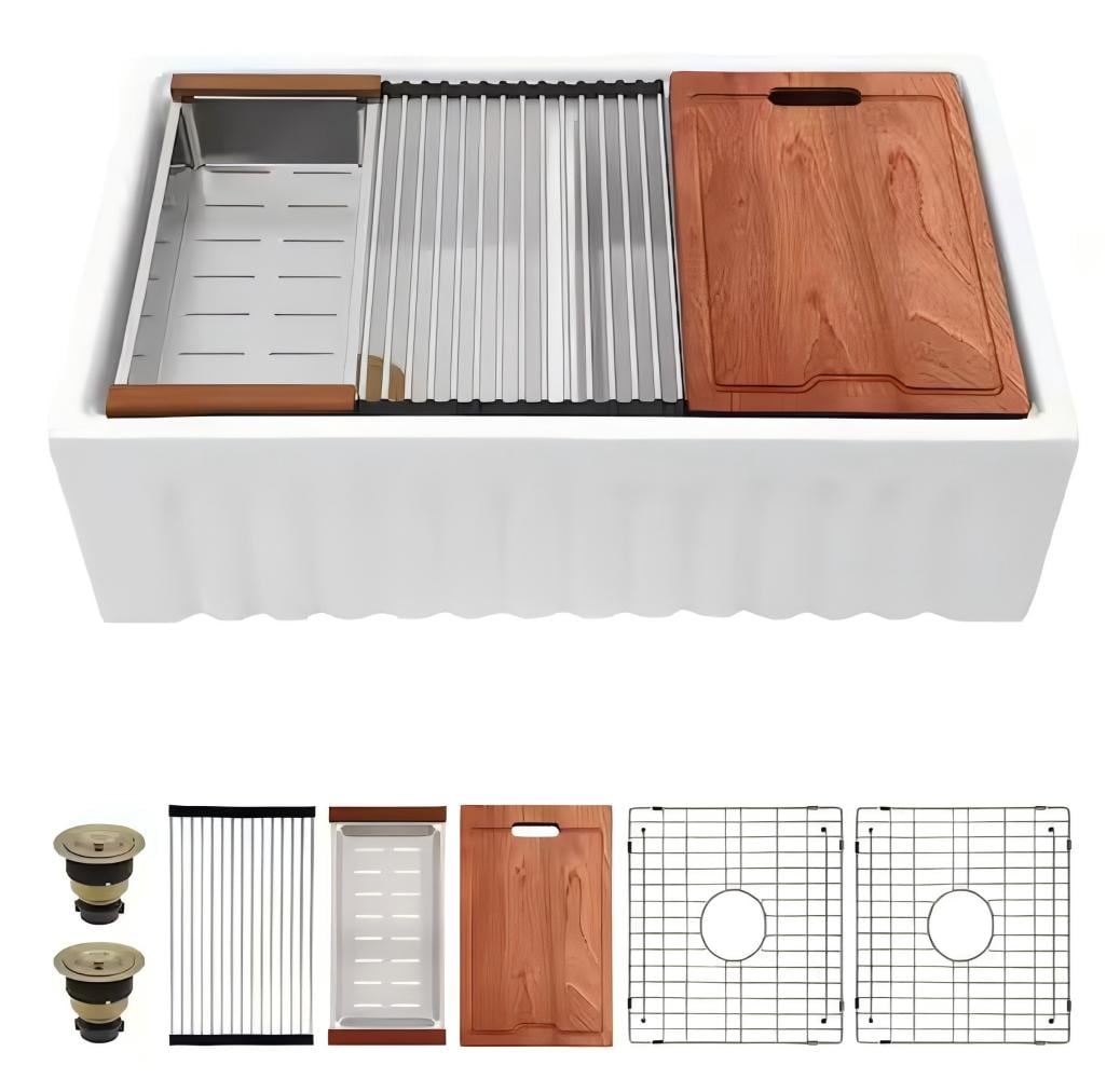 Lordear LD-TCS33R2DG Farmhouse apron front 33-in x 20-in Fireclay Double equal bowl Workstation Kitchen Sink