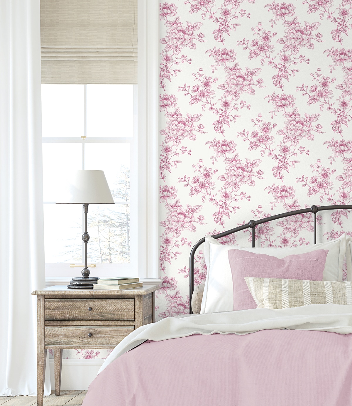 Pink Floral Self-Adhesive Vinyl Wallpaper Roll