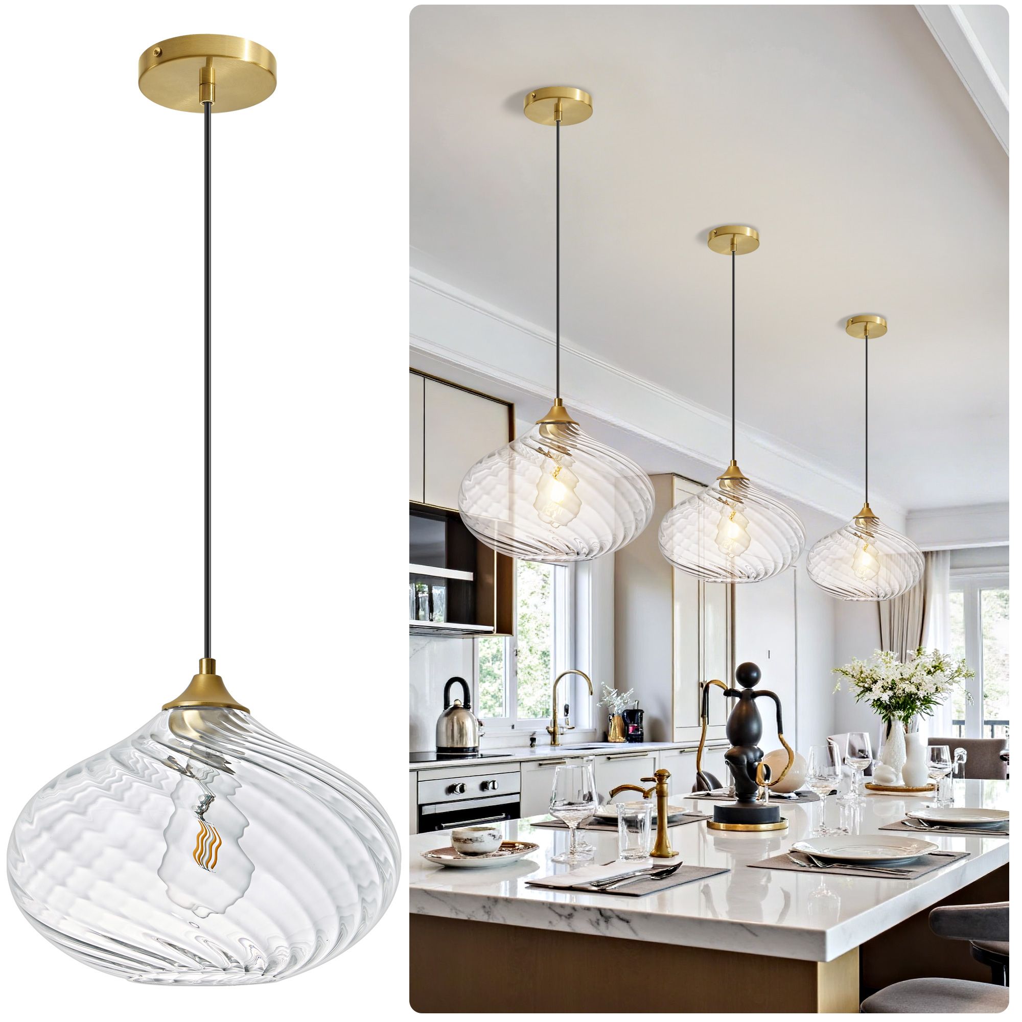 Lanmate  Modern Clear Swirled Glass Pendant Light with Adjustable Height