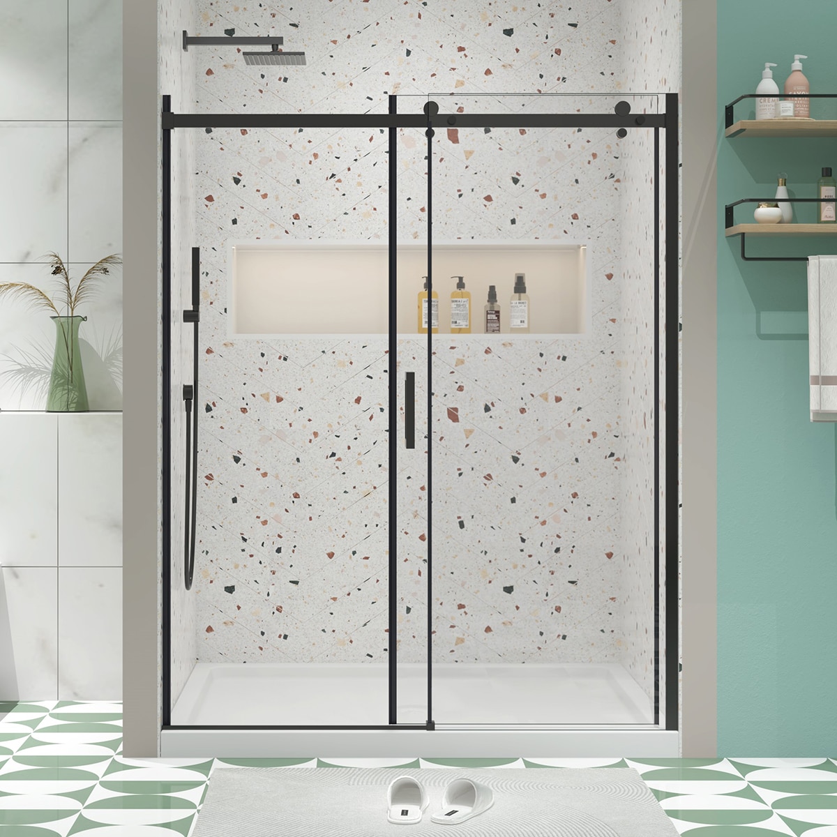 Mondawe MO-PS-6074B Matte Black 56-in to 60-in W x 74-in H Framed Sliding Soft Close Shower Door 5/16-in Thick Clear Glass