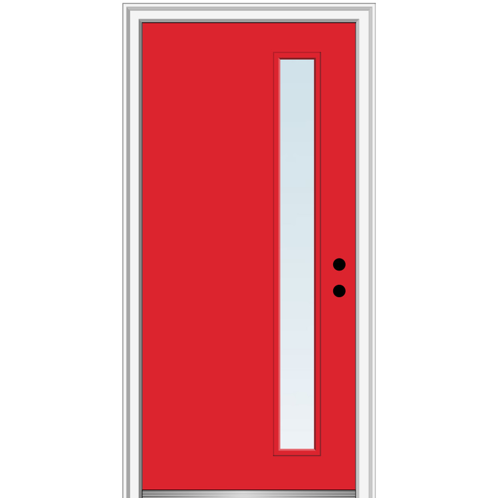 MMI DOOR ZZ348452L 30-in x 80-in x 6-9/16-in Fiberglass Pulse lite Left-hand inswing Red Saffron Painted Prehung Front Door with Brickmould Insulating core