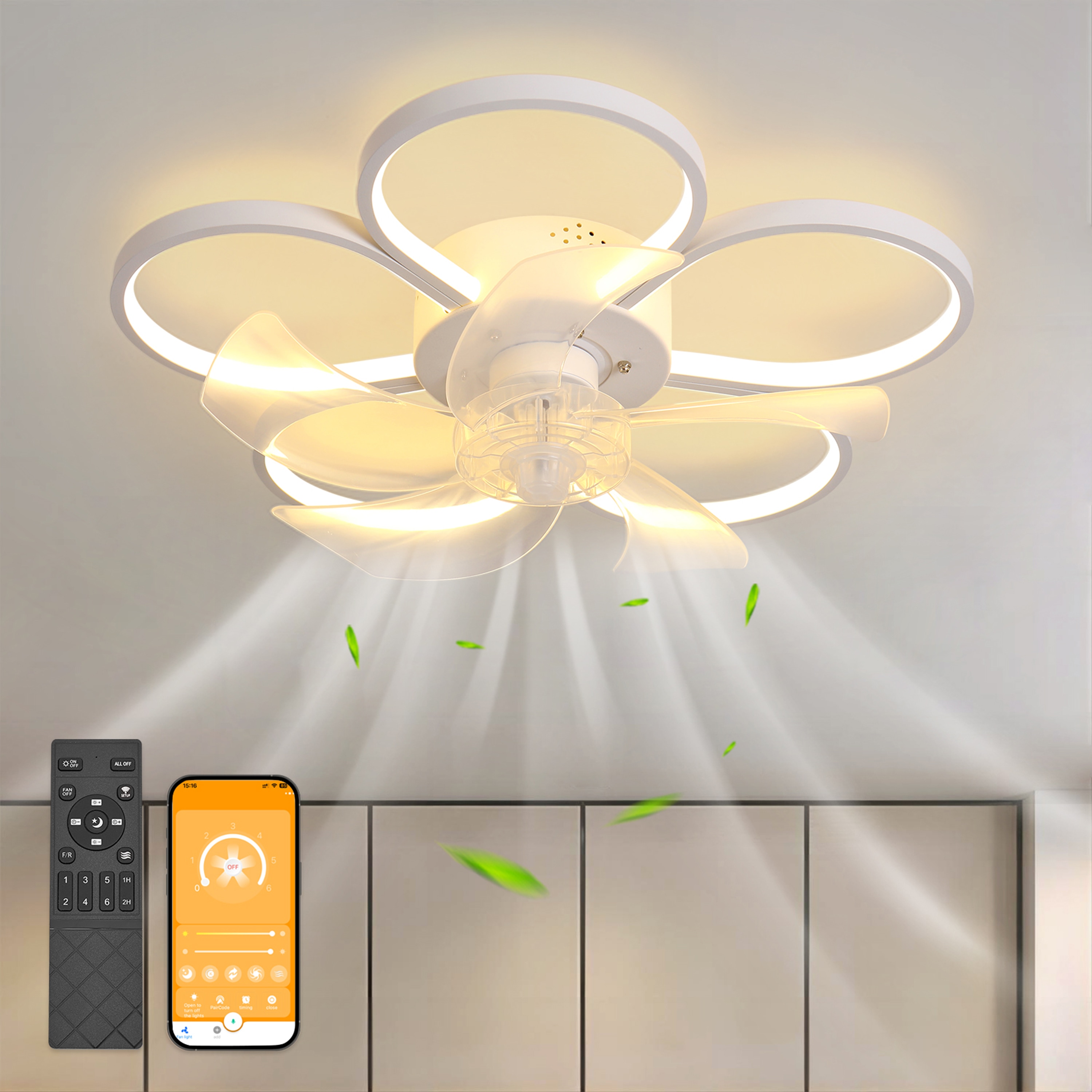 GoYeel ZF005WH 19.69-in Integrated LED Flush Mount White with Fandelier Ceiling Fan With Light - Remote Included ( 5 -Blade )