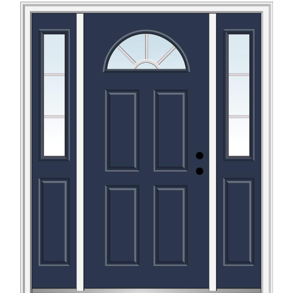 MMI DOOR ZZ11546L 60-in x 80-in x 4-9/16-in Fiberglass 1/4 lite Left-hand inswing Naval Painted Prehung Front Door with Sidelights with Brickmould Insulating core with Grilles