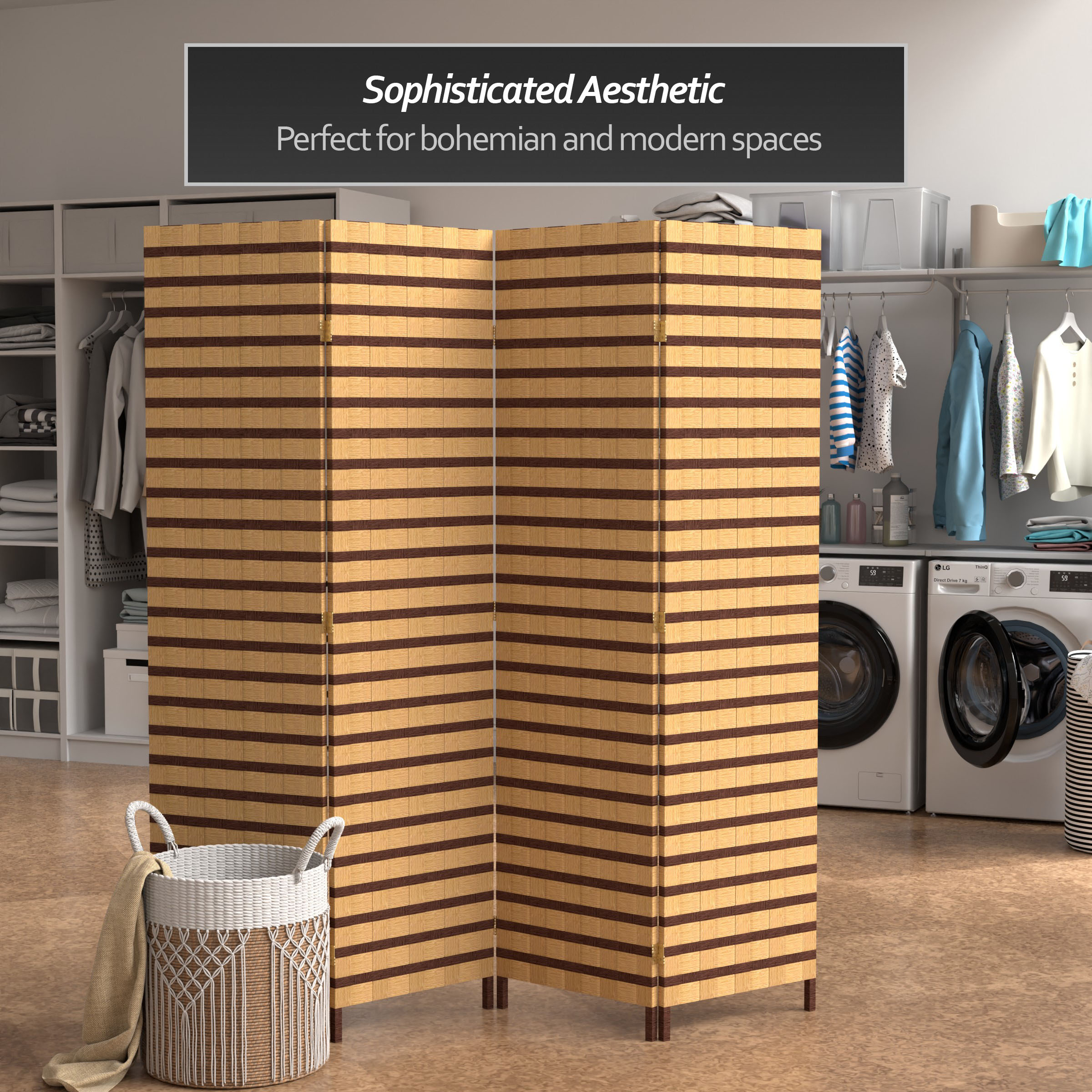 Natural Fiber Two-Tone Folding Room Divider with Spruce Frame