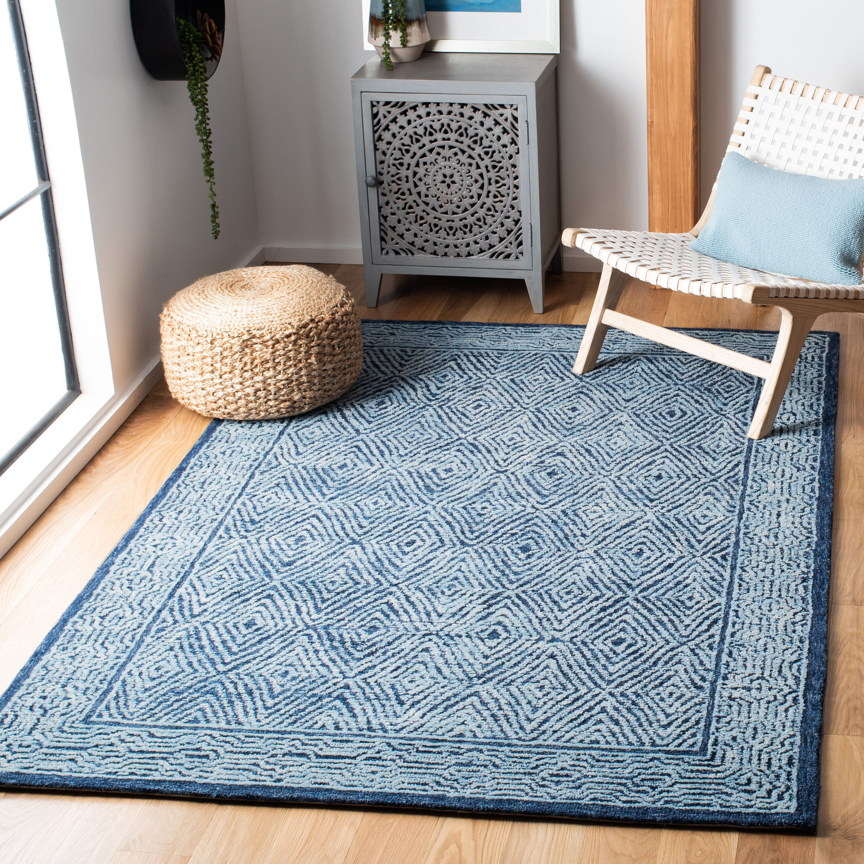 Capri 4 x 6 (ft) Tufted Wool Navy Rectangular Indoor Geometric Mid-Century Modern Professionally Clean Only Area rug