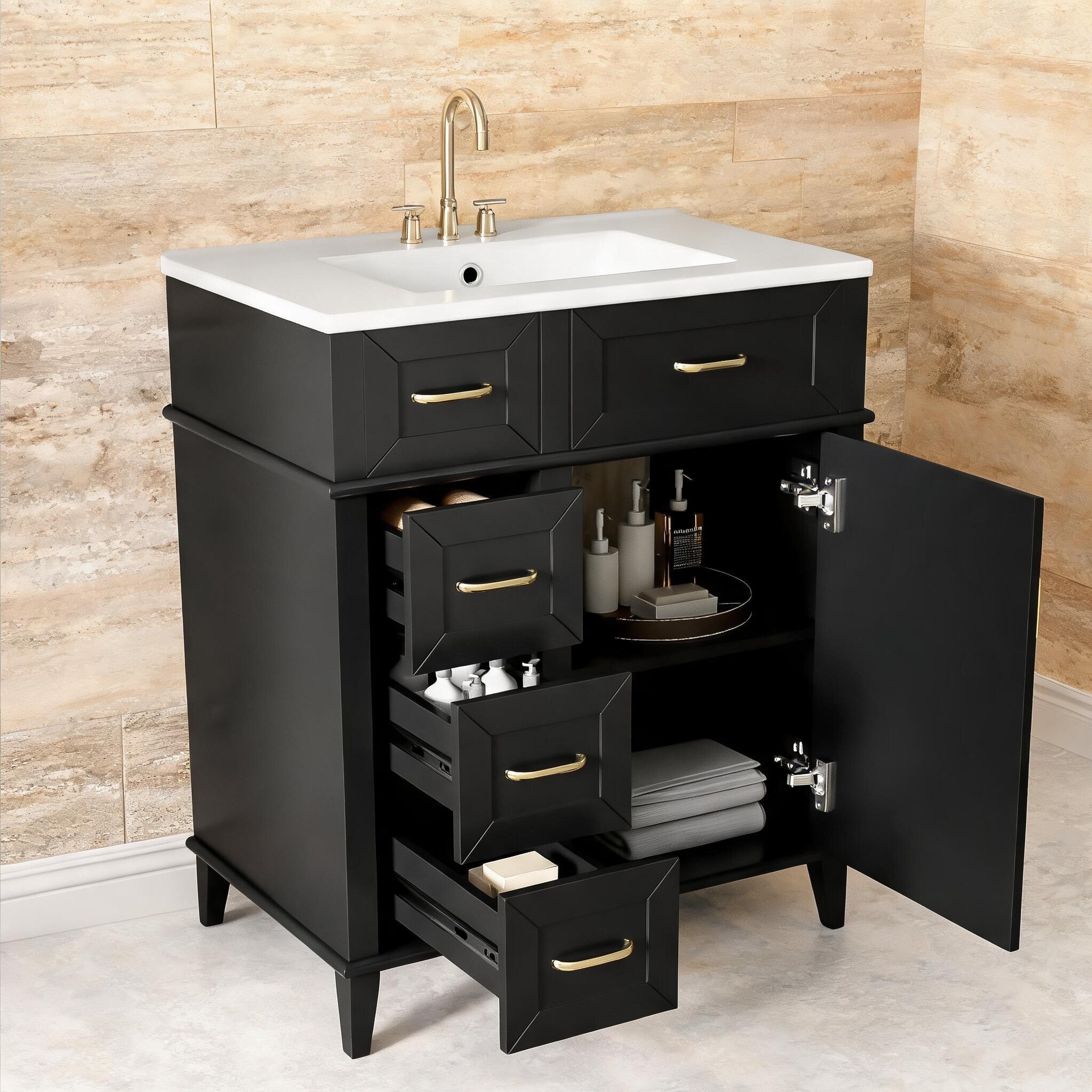 Naturefalls 30-Inch Deep Black Bathroom Vanity with Ceramic Sink and Soft Close Drawers Solid Wood Frame