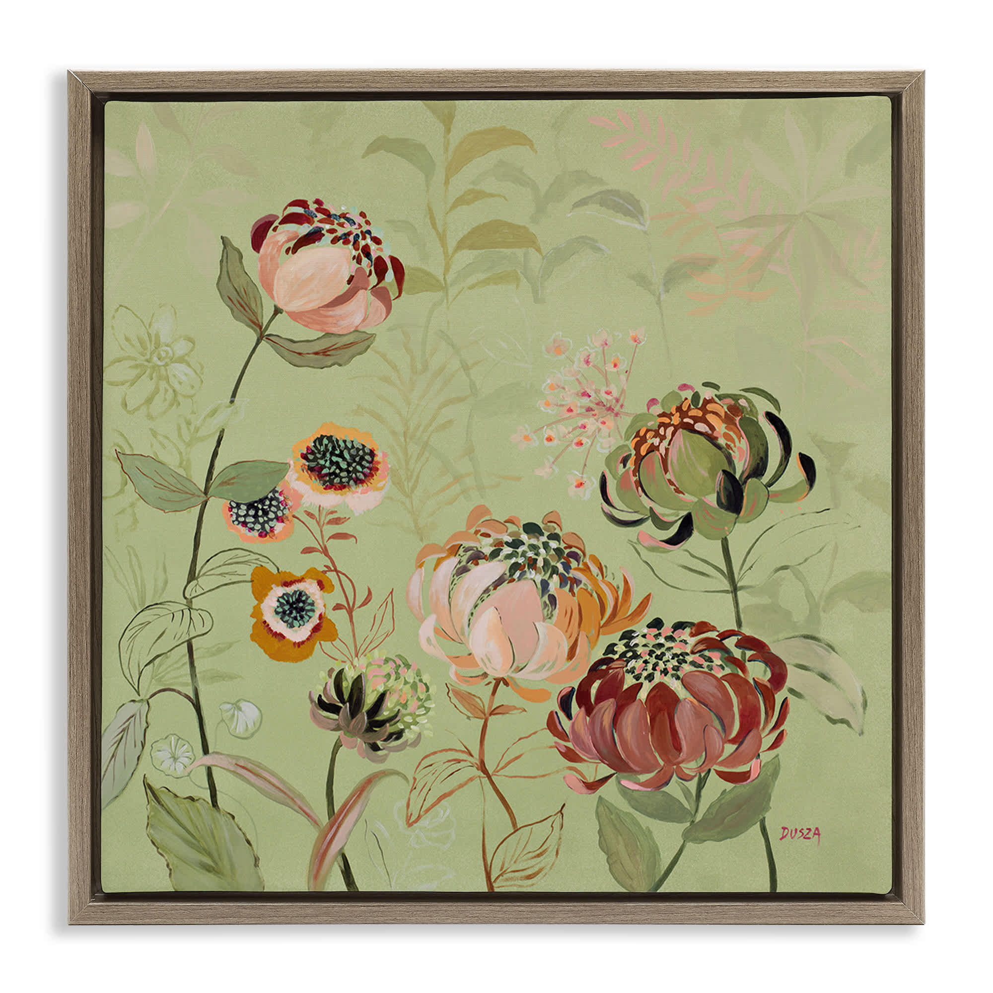 Stupell Industries BS-799-FFE-17X17 Curled Chrysanthemums on Green Brown Framed Floater Canvas Wall Art By Dusza 18 x 18