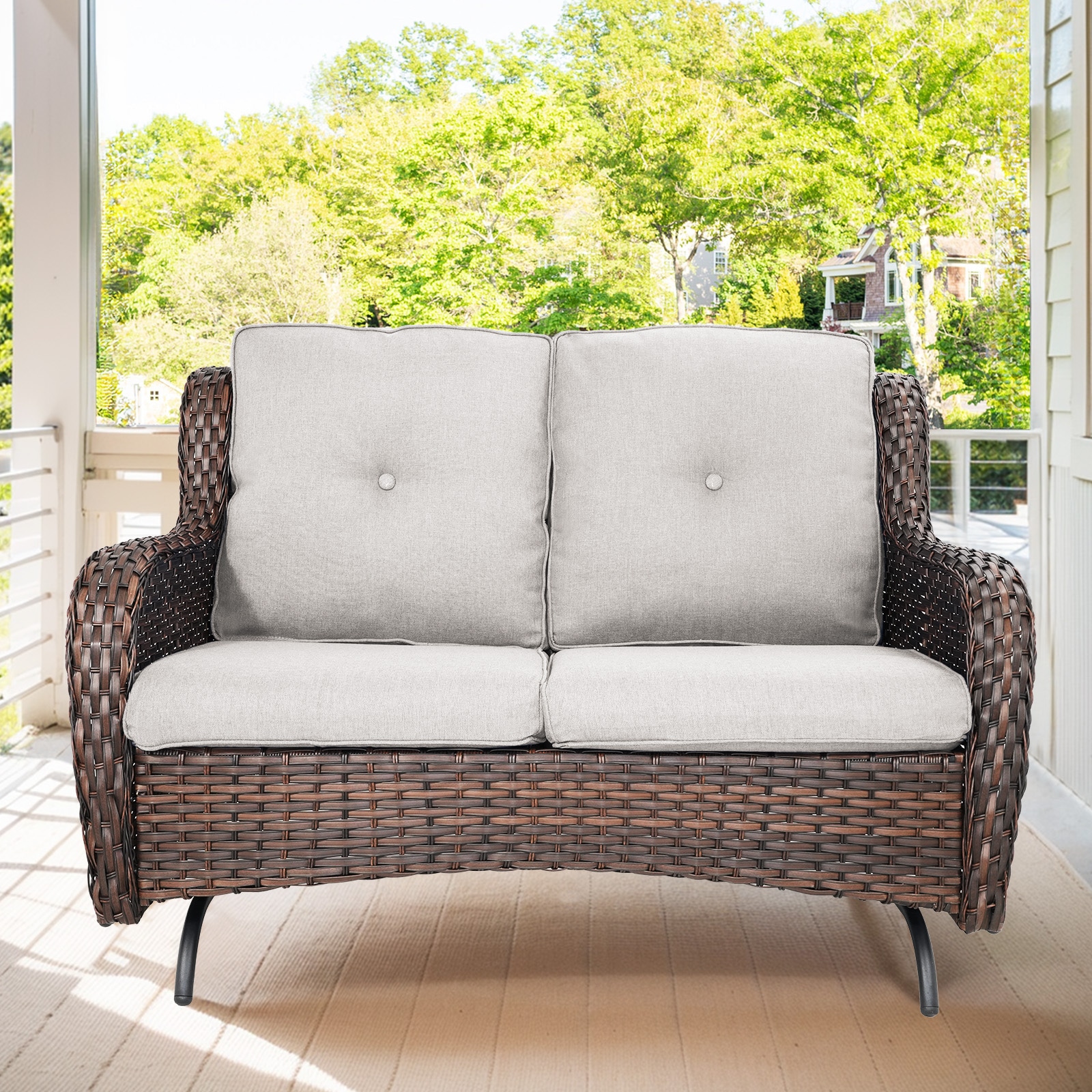  PA038GL-2 PACHAIRS-T Wicker Brown Steel Frame Glider Conversation Chair with Beige Cushioned Seat