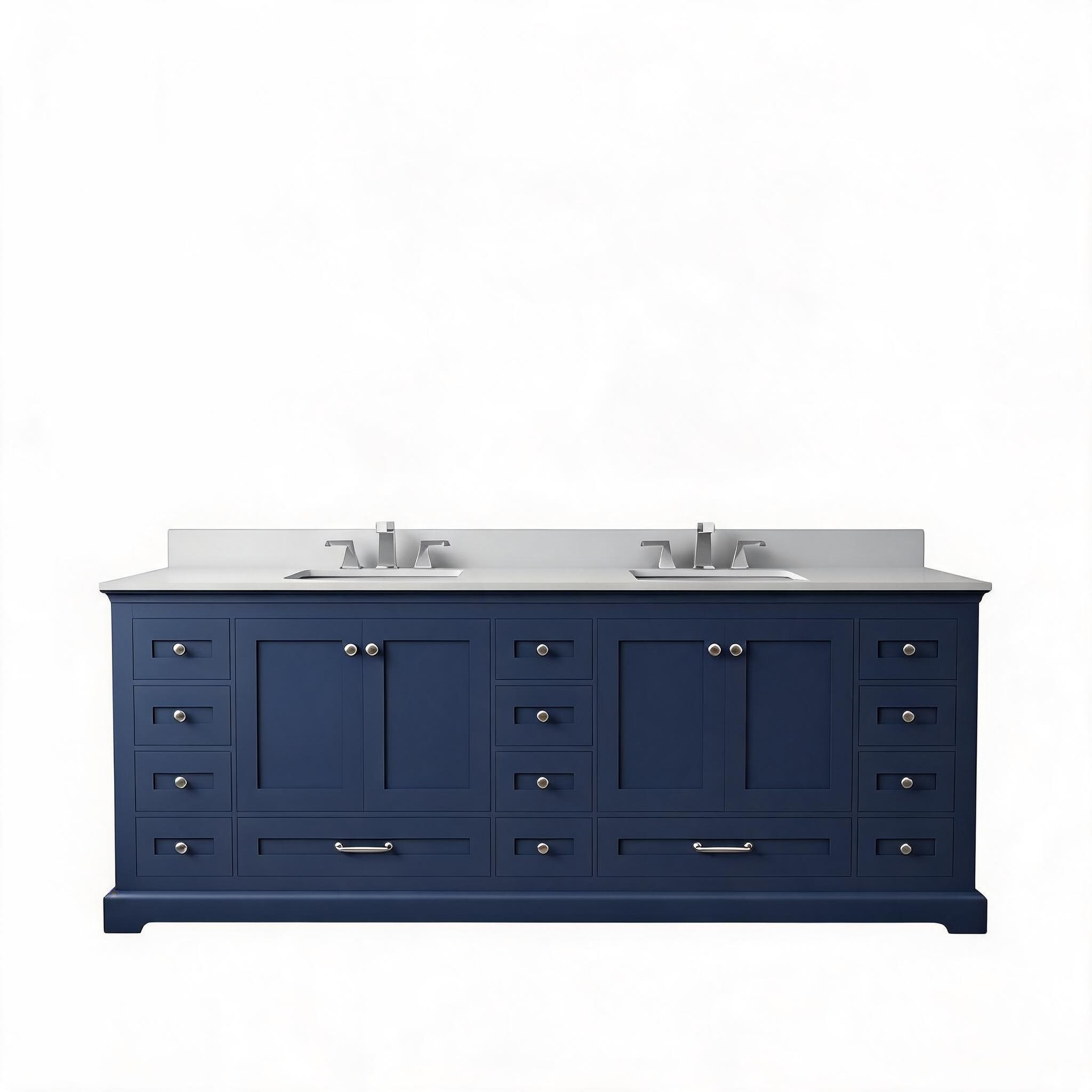 LIVACA 84 inch W x 22 inch D Navy Blue Double Bath Vanity with White Quartz Top and Soft Close Doors