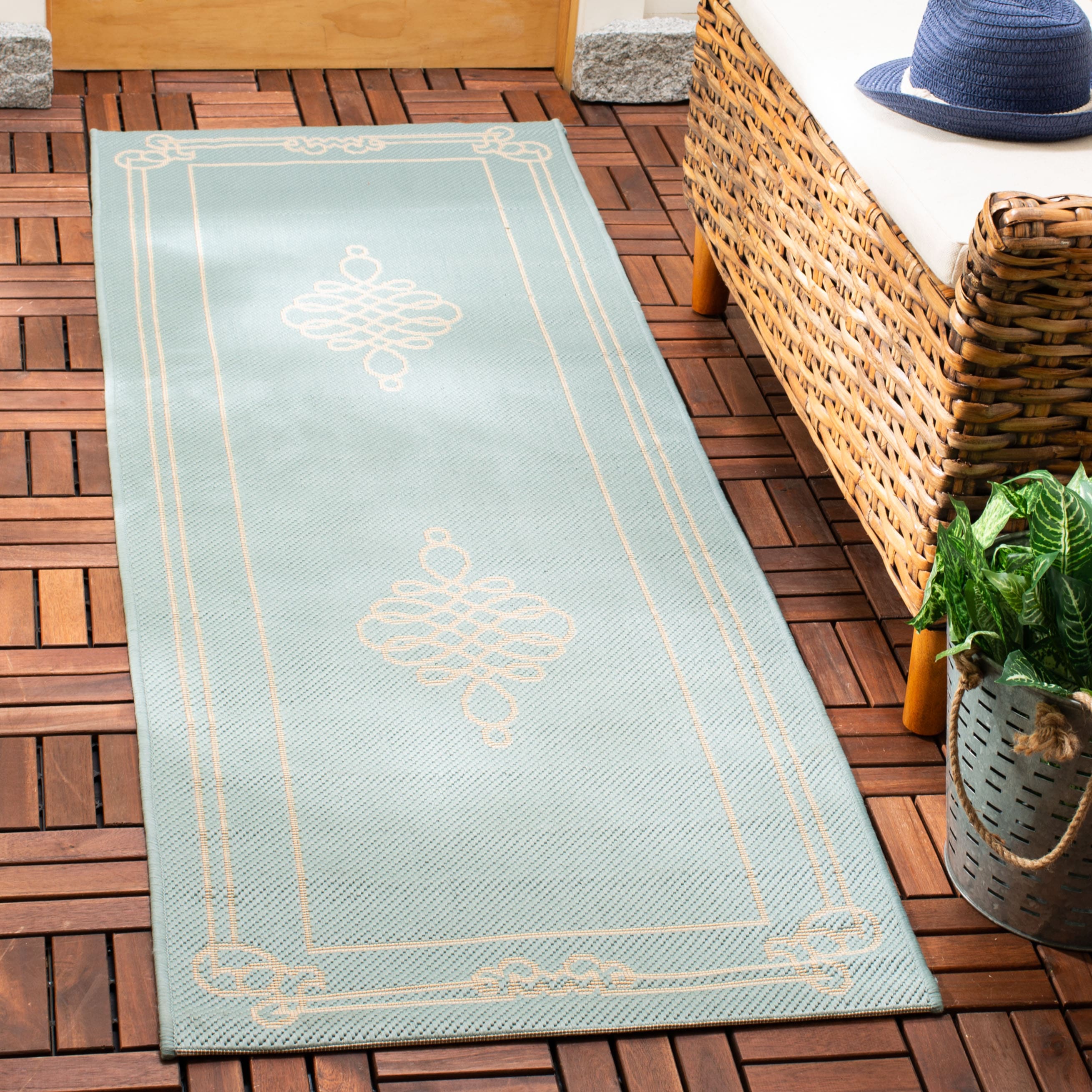 Safavieh - Courtyard Mesnil 2.3-ft x 6.6-ft Loomed Polypropylene Aqua/Cream Rectangular Indoor, O...