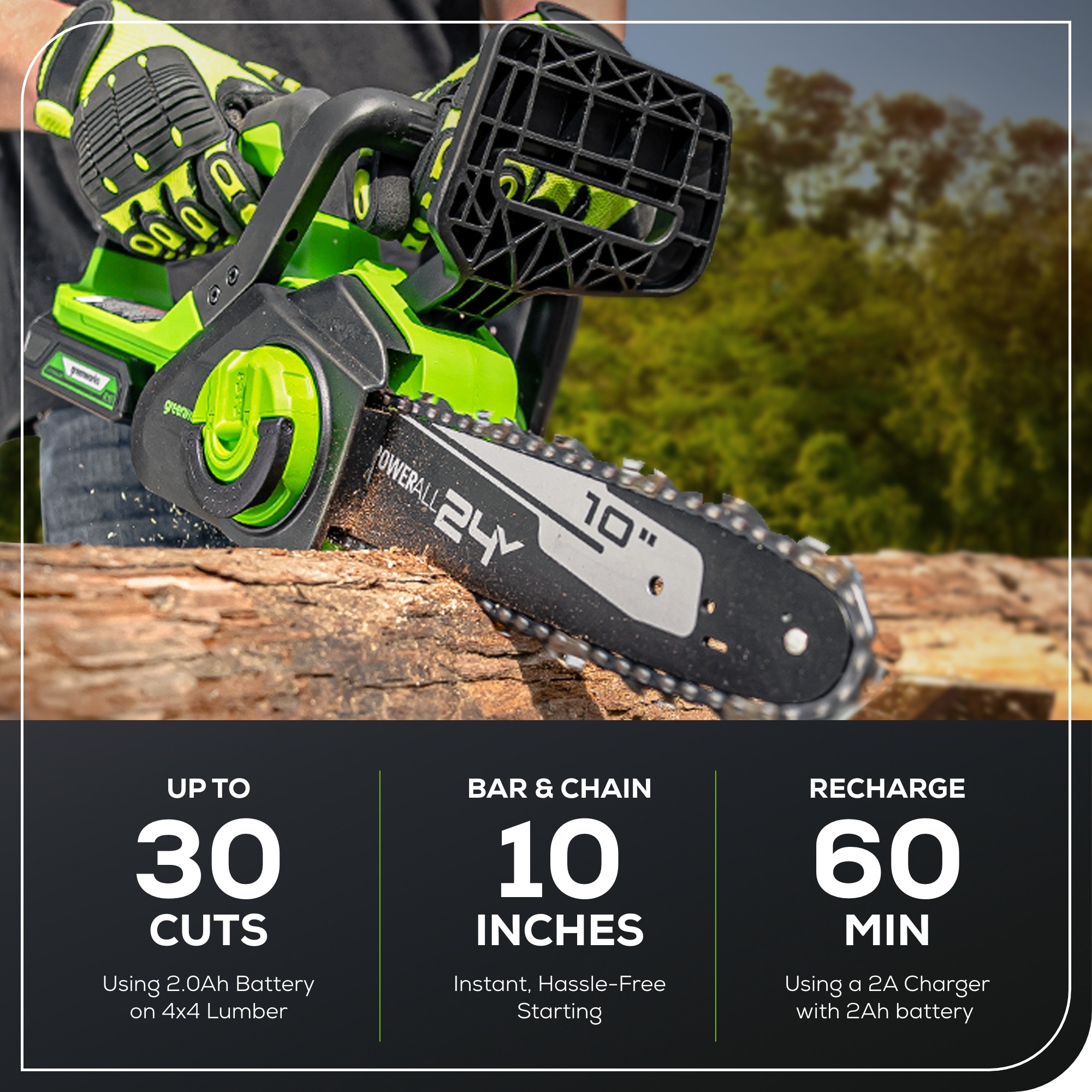 Greenworks 24-volt 10-in Brushless Battery 2 Ah Chainsaw (Battery and Charger Included) CS24B210 Sansujyuku sansujyuku.com