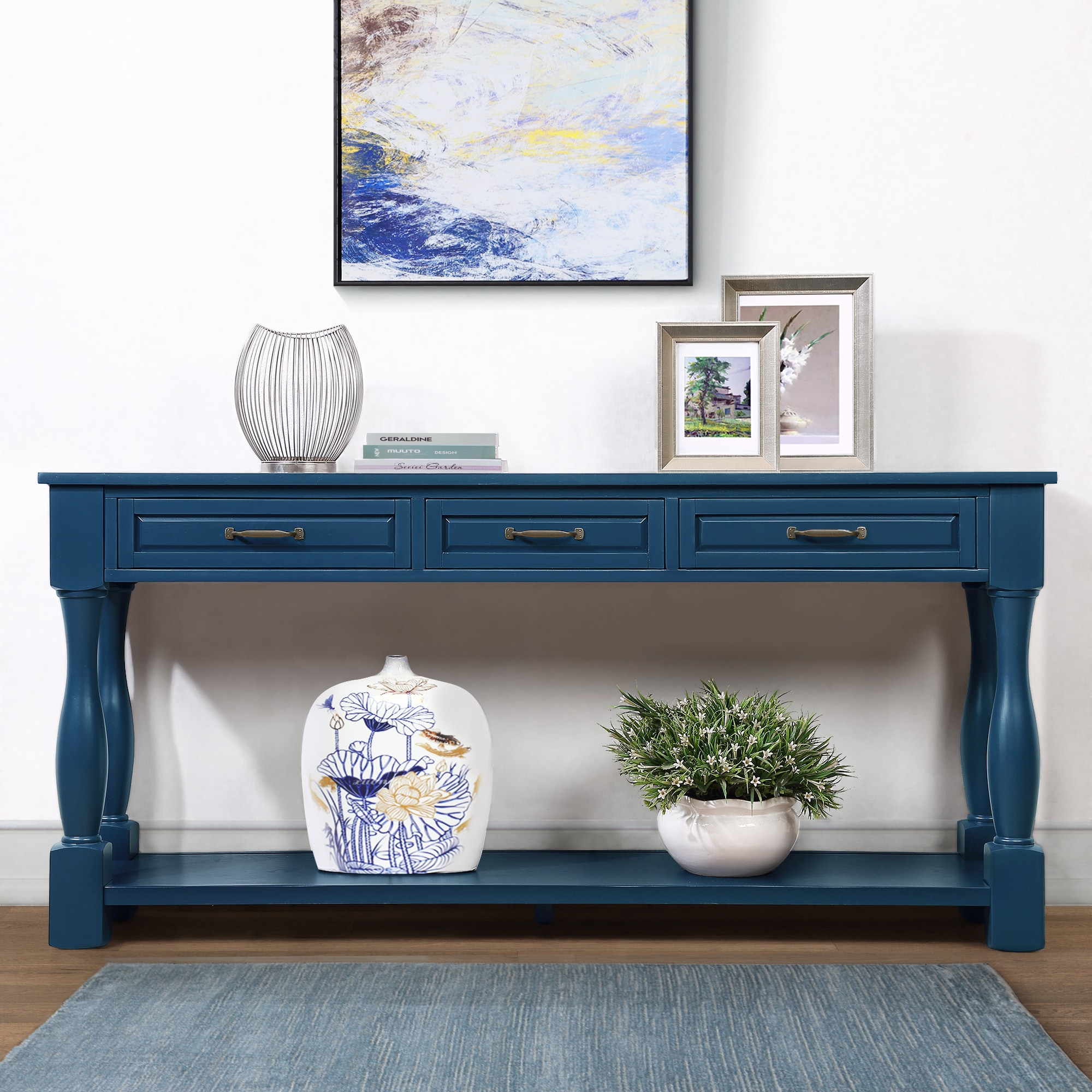 LOVMOR -  63.38 Inch Modern Pine Wood Rectangular Navy Blue Console Table 3 Drawers 1 Shelf for E...