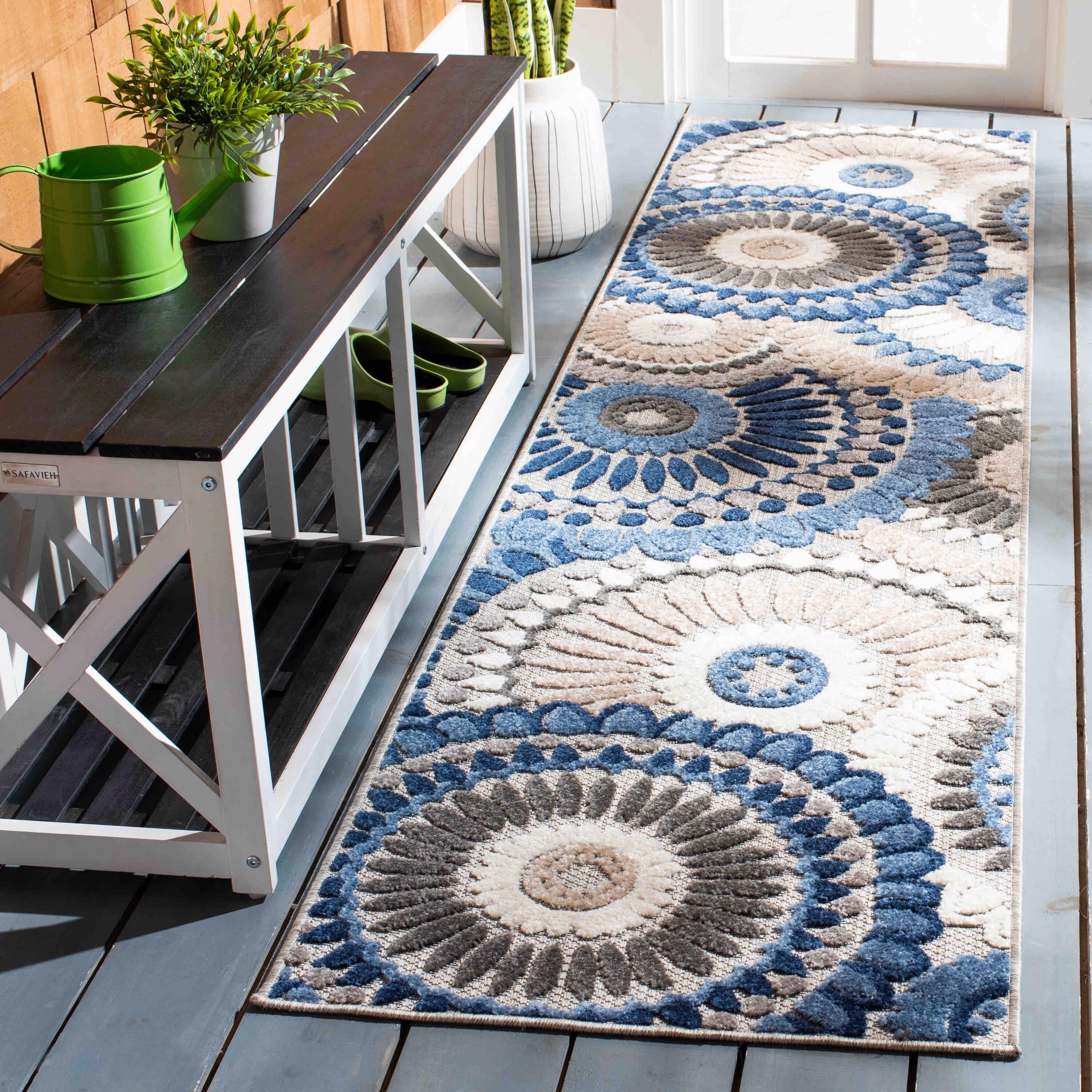 Safavieh CBN382G-25 Cabana 2 x 5 (ft) Loomed Synthetic Gray/Blue Rectangular Indoor/Outdoor Floral Tropical Runner rug