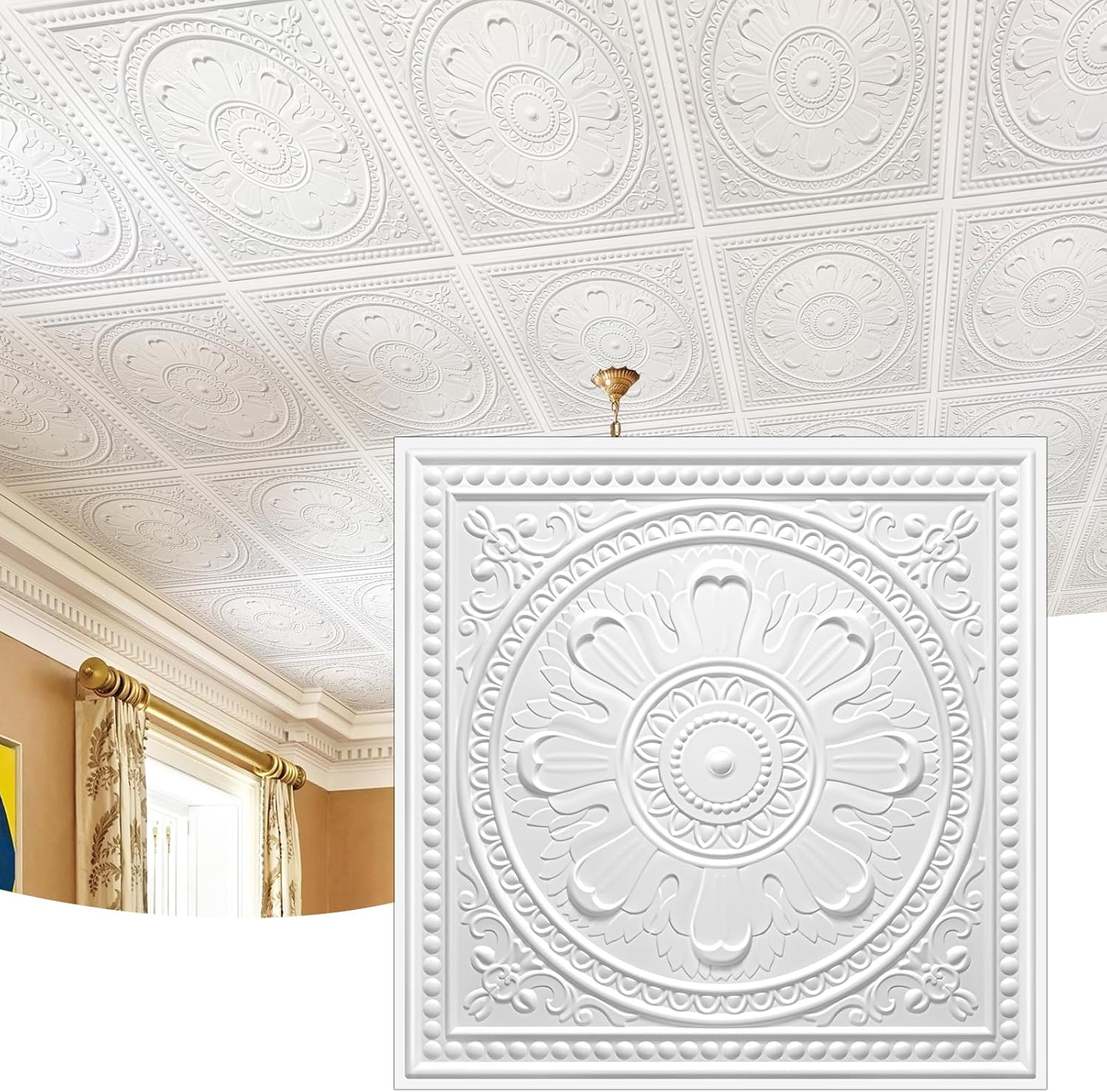 STICKGOO  24x24 Inch Drop Ceiling Tiles 12 Pack 48 Sq Ft White PVC Waterproof Baroque Decorative Panels Home Commercial Use