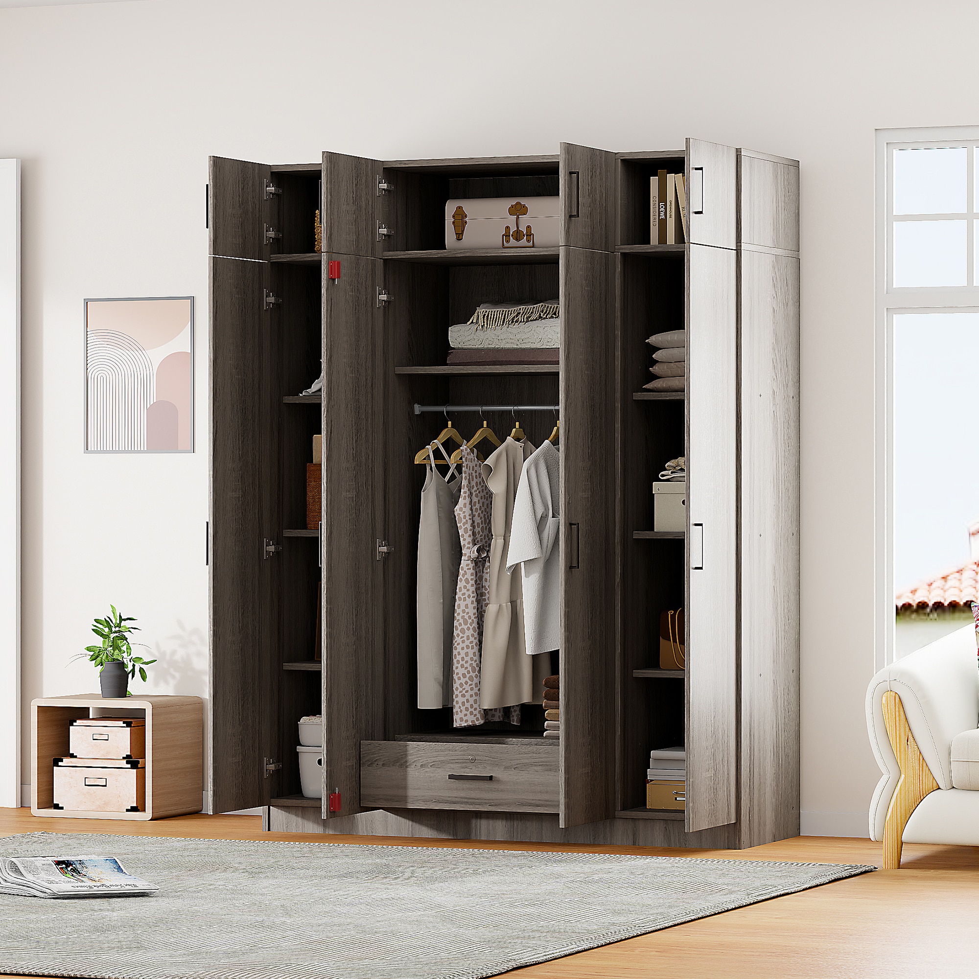 ModernLuxe LP006006AAE 4Door Wardrobe with 1 Drawer and Top Cabinet  Gray