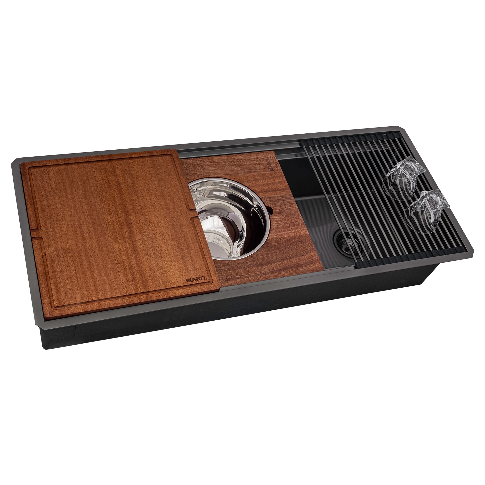 Ruvati RVH6333BL Dual-Tier Undermount 45-in x 19-in Stainless steel Single bowl 16 -Gauge Workstation Kitchen Sink