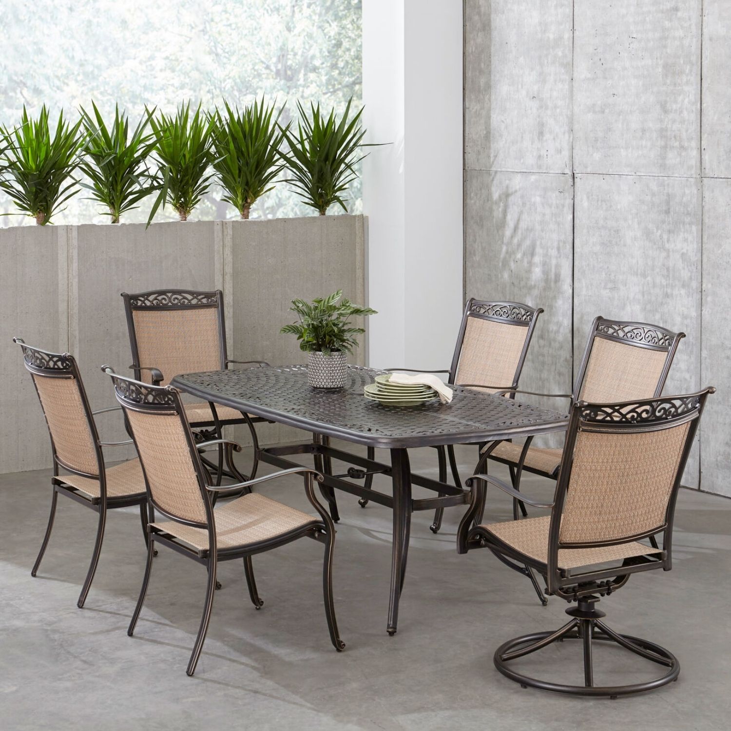 Hanover FNTDN7PCSW2C Fontana 7 -Piece Bronze Patio Dining Set Aluminum Rectangle Table with 6 Tan Stationary and Motion Chairs