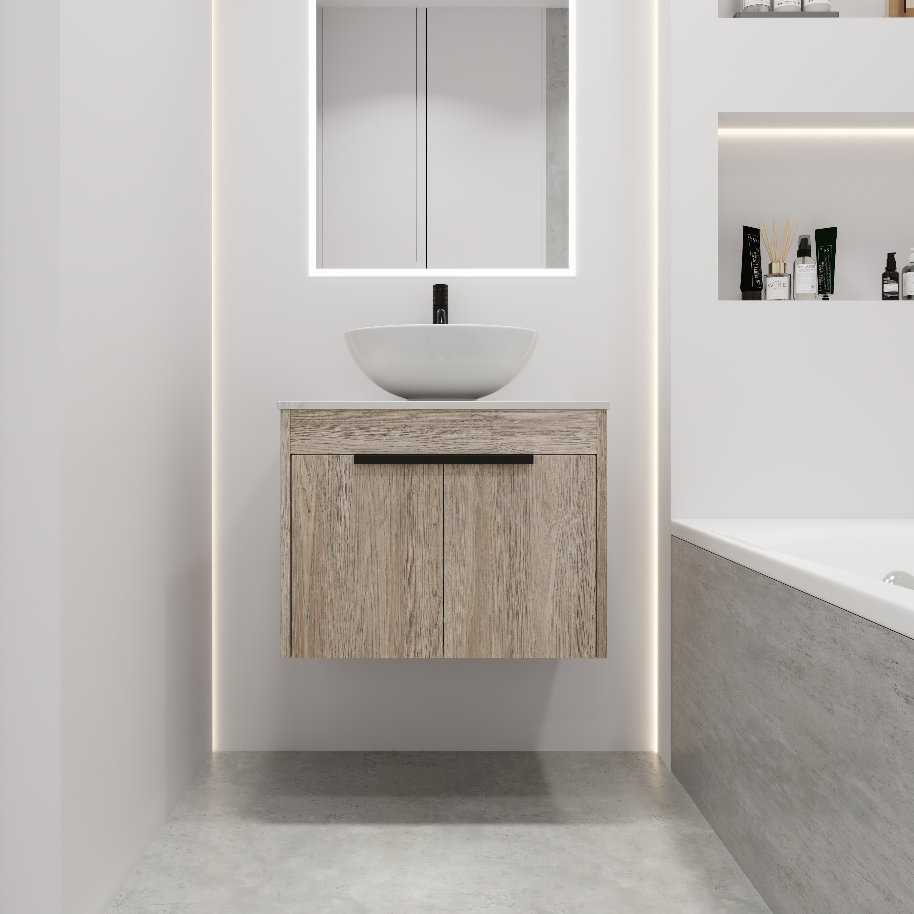 Afhocomp 24 in. Single Sink Wall-mount White Oak Bath Vanity with White Stone TOP White Ceramic Sink
