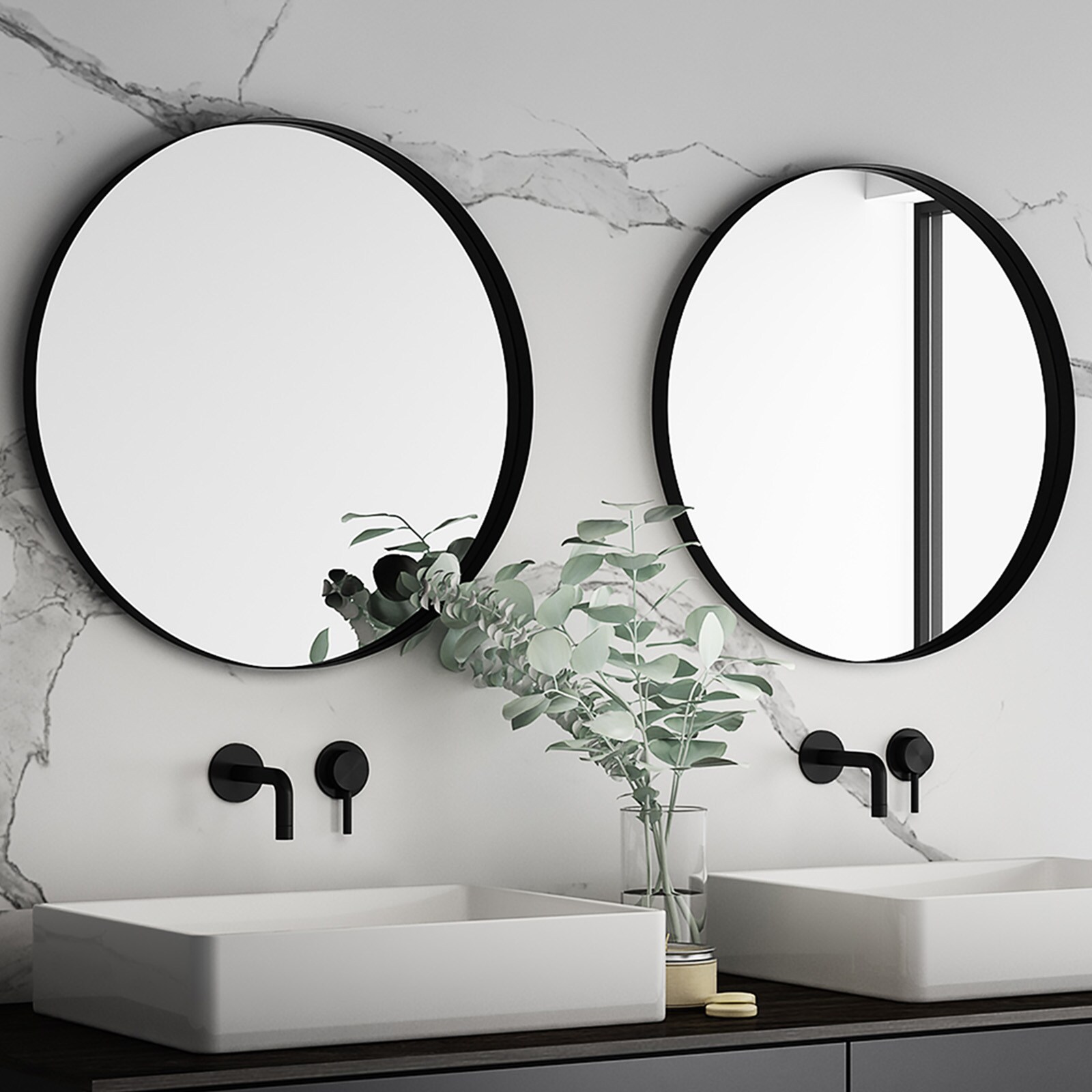 WELLFOR Framed Bathroom Mirror 24-in W x 24-in H Black Round Flat ...