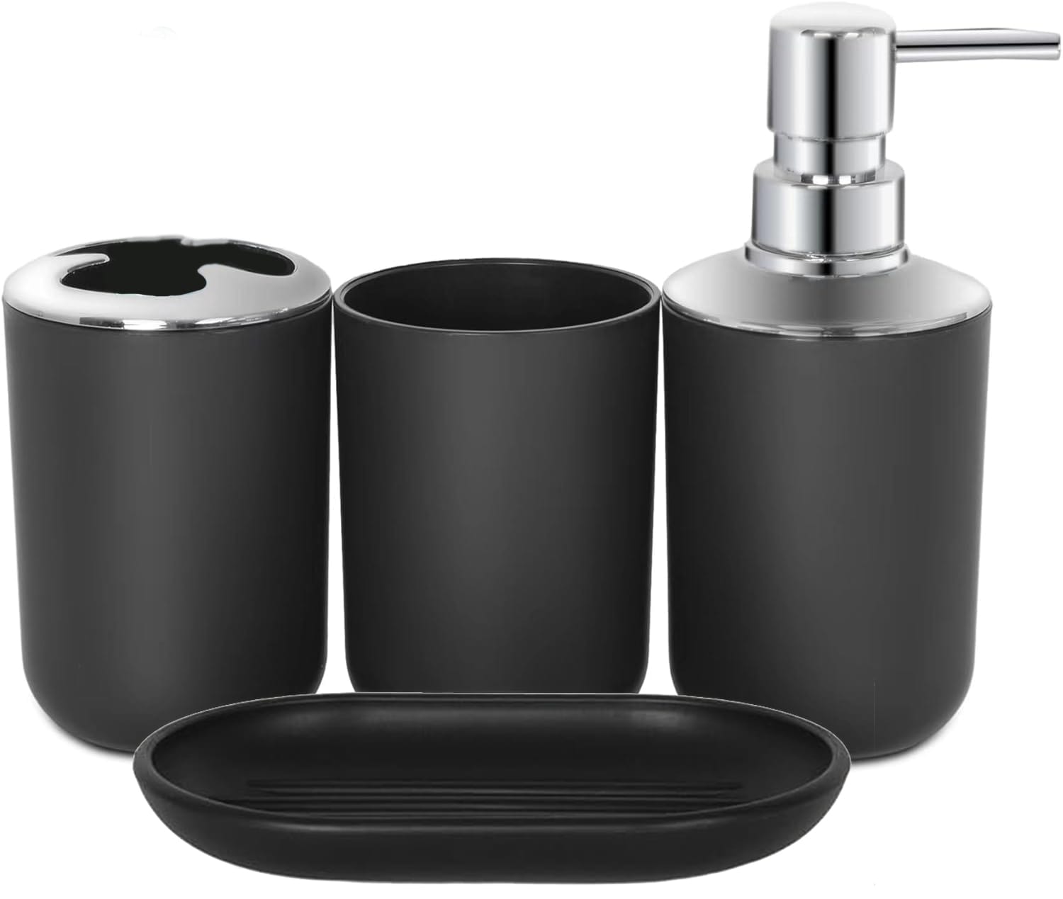 Etokfoks  black plastic bathroom accessories set 4 piece with soap dispenser toothbrush holder soap dish and mouthwash cup for sink