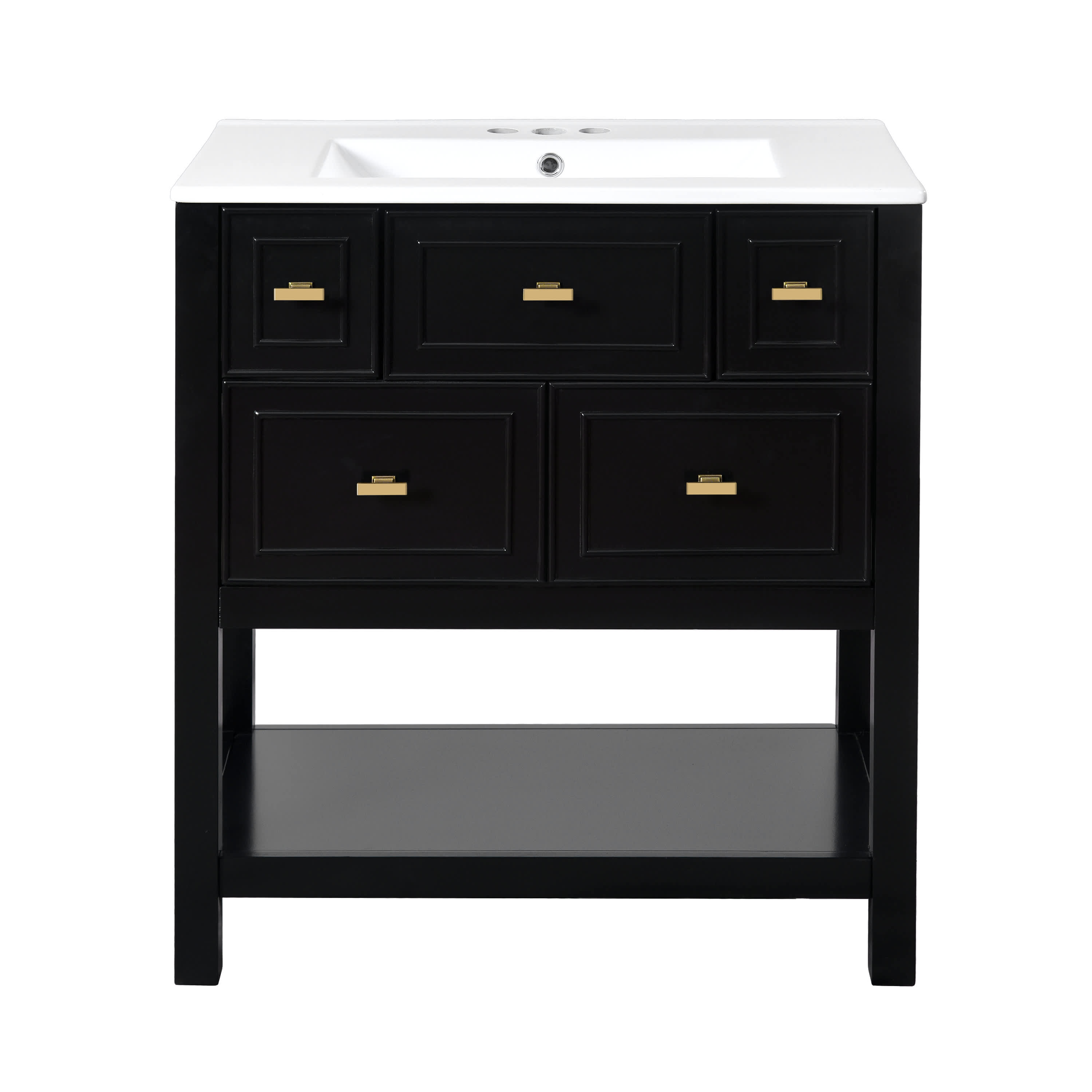 Vynxaria LEXY1380-DJYS-SZT150 30 inch Black Freestanding Single Sink Bath Vanity with White Ceramic Top Five Full Extension Drawers Gold Metal Knobs Solid Wood Frame