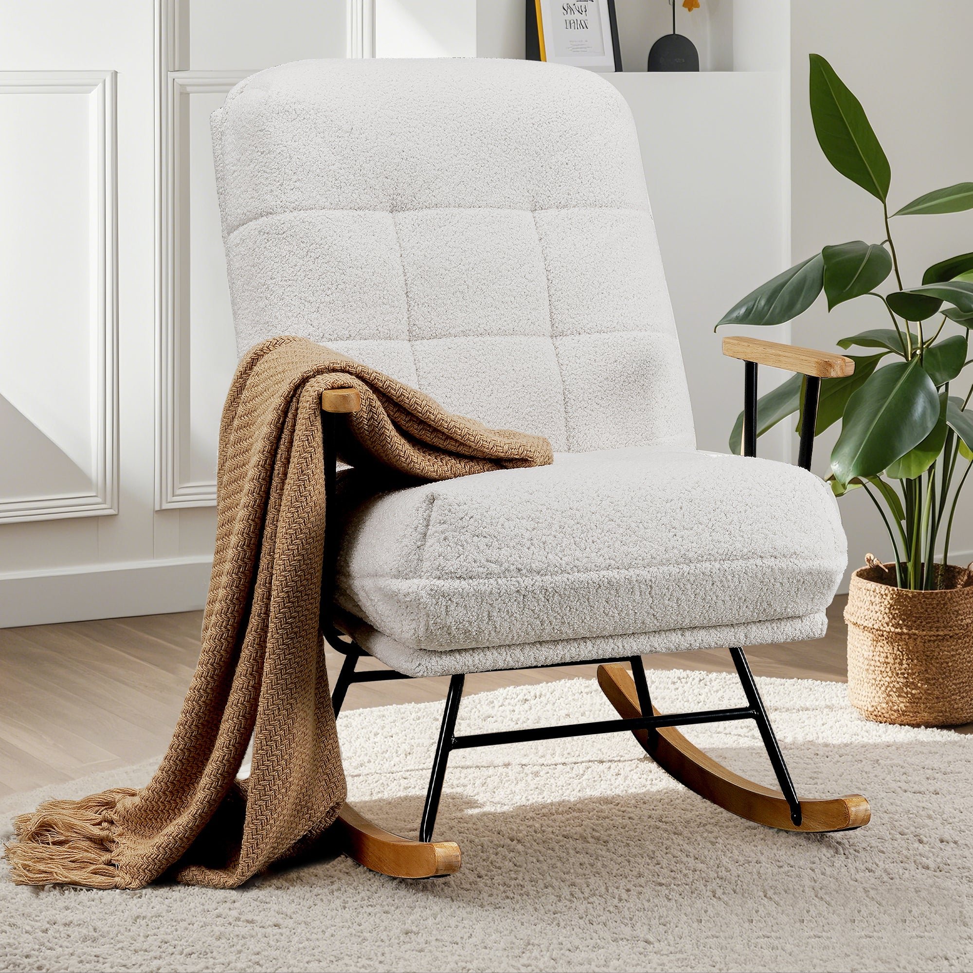 Vecelo - Teddy Rocking Chair Nursery Soft Accent Chair with Adjustable Backrest White