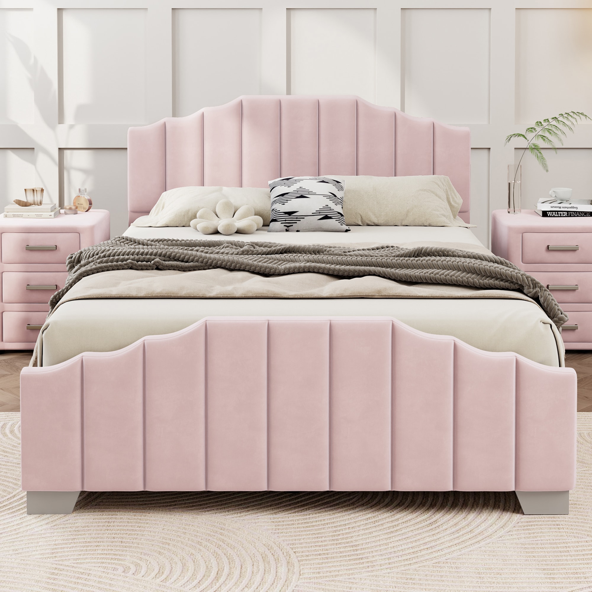 ModernLuxe N701P204423P Full Size Velvet Upholstered Platform Bed Vertical Channel Tufted Headboard and FootboardNo Box Spring NeededPink