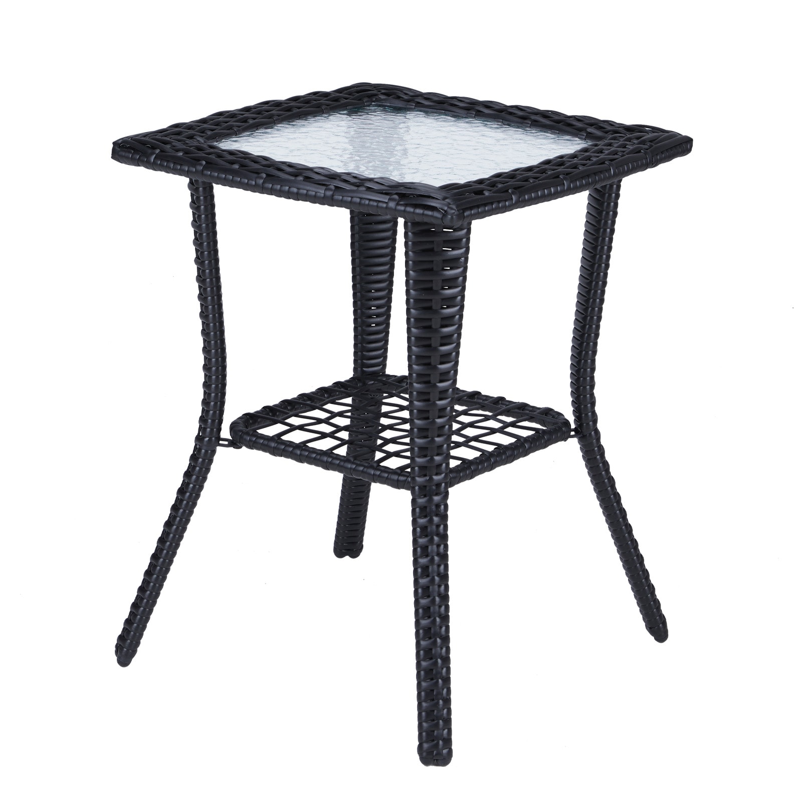 VINGLI 18W x 22.6H Wicker Patio Side Table with Tempered Glass Top and Storage for Balcony Porch Deck Black
