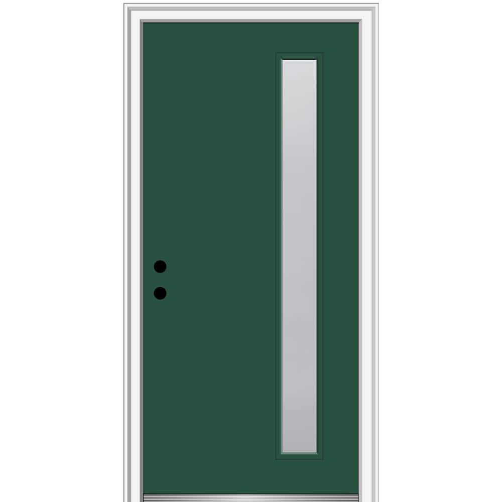 MMI DOOR ZZ347325R Spotlights 32-in x 80-in x 4-9/16-in Fiberglass Pulse lite Right-hand inswing Hunter Green Painted Prehung Front Door with Brickmould Insulating core