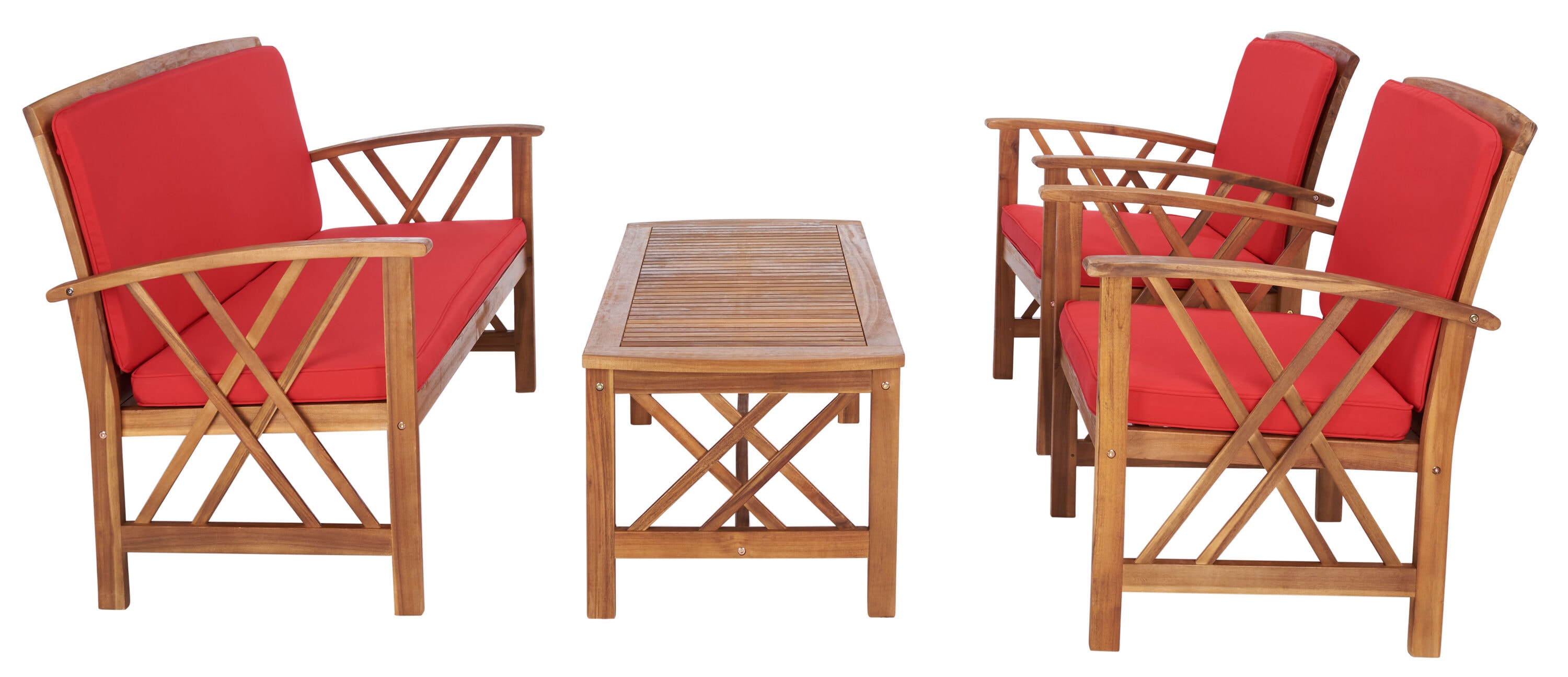 Fontana Natural Acacia Wood 4-Piece Outdoor Set with Red Cushions