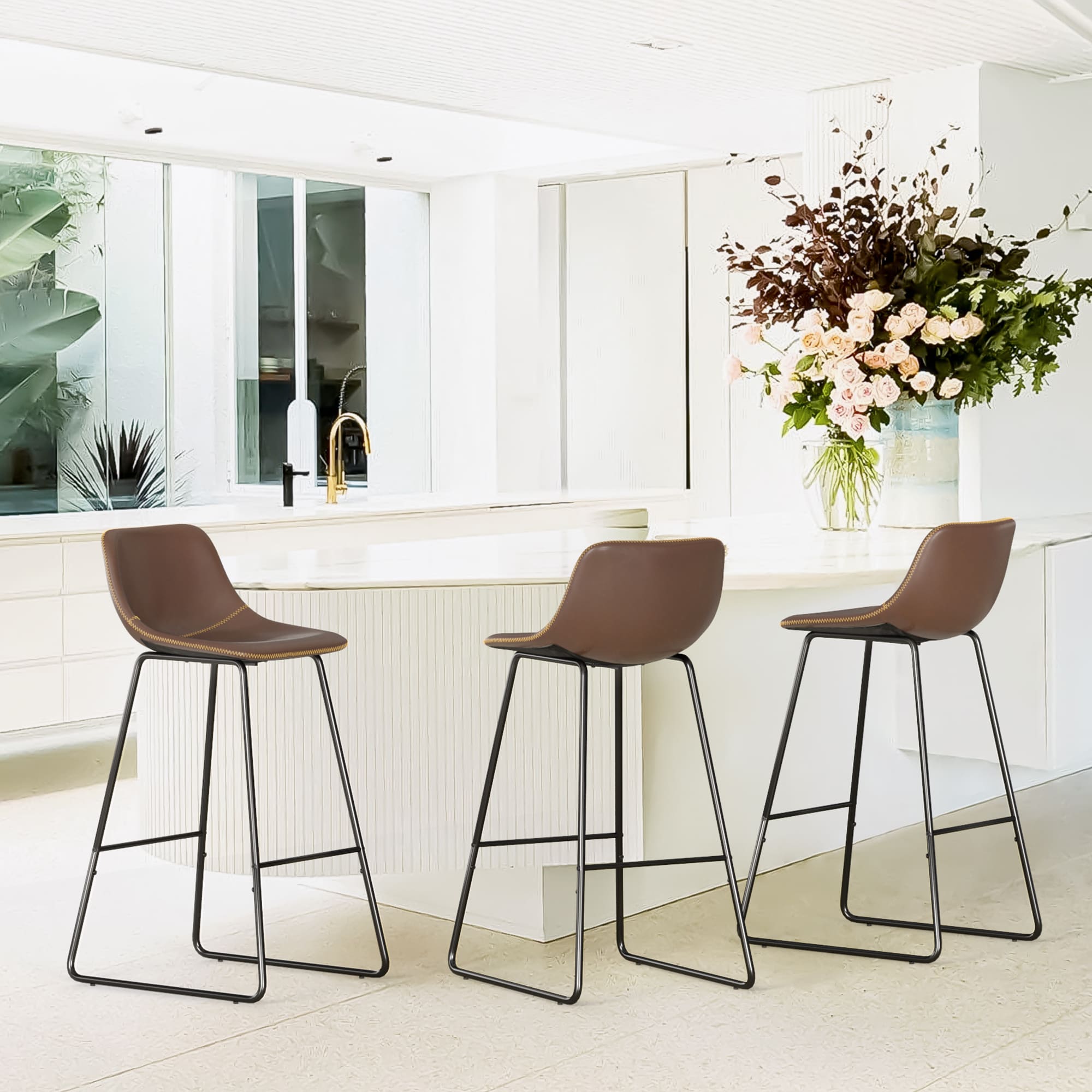LUE BONA 3LB22CH0040-700LS Set of 3 Dark Brown 30-in H Bar height (28-in to 33-in) Bucket Seat Metal Back Bar Stool Back