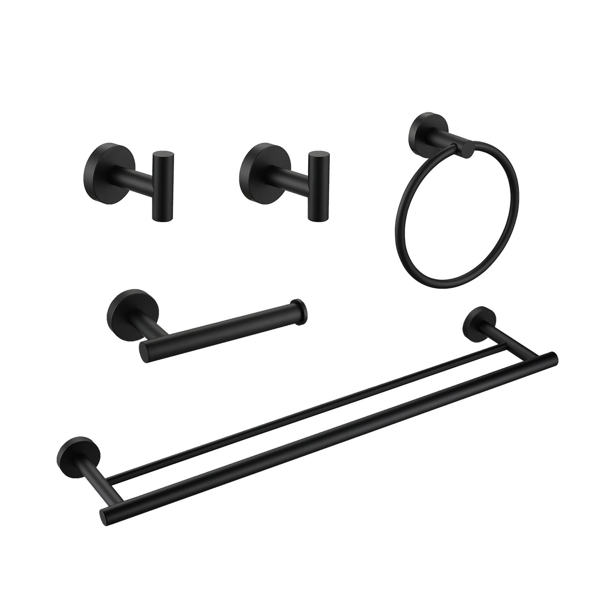 Bayfeve 5-Piece Matte Black Decorative Bathroom Hardware Set (Double Towel Bar and Towel Ring and Toilet Paper Holder and Towel Hooks Included)