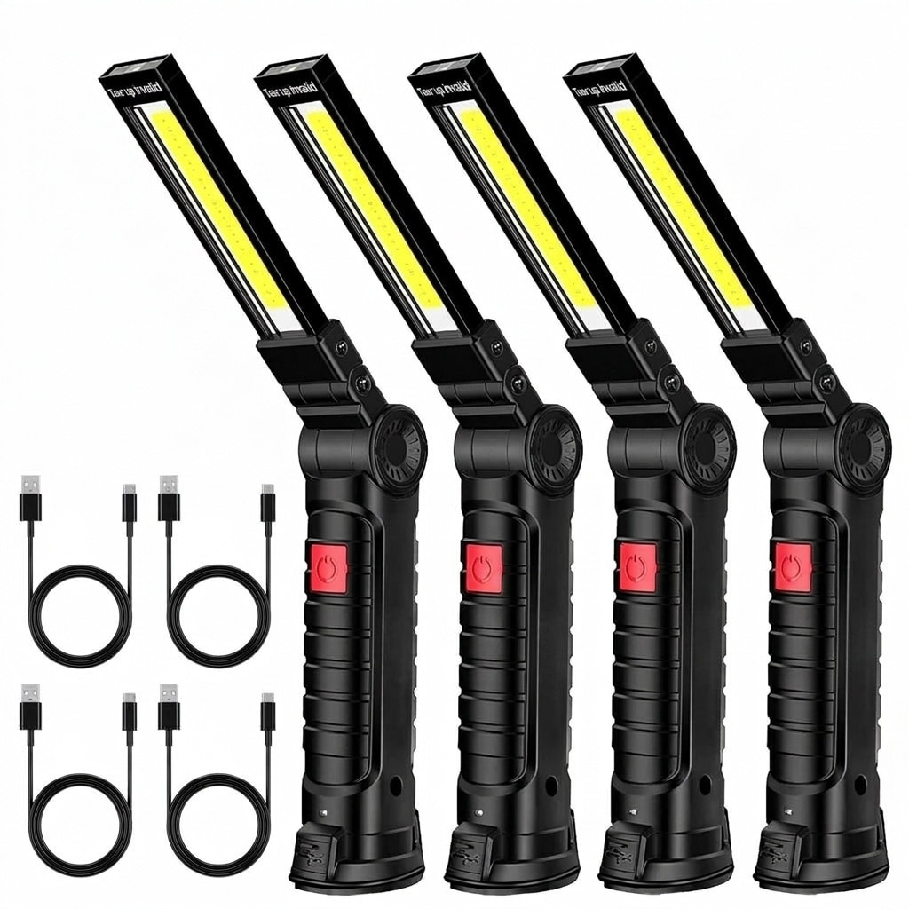 Lukvuzo 4 Pack LED rechargeable work light magnetic base hook 360 degree rotation 5 lighting modes 5.9 inch 4.6 oz portable flashlight #LLU0423O48