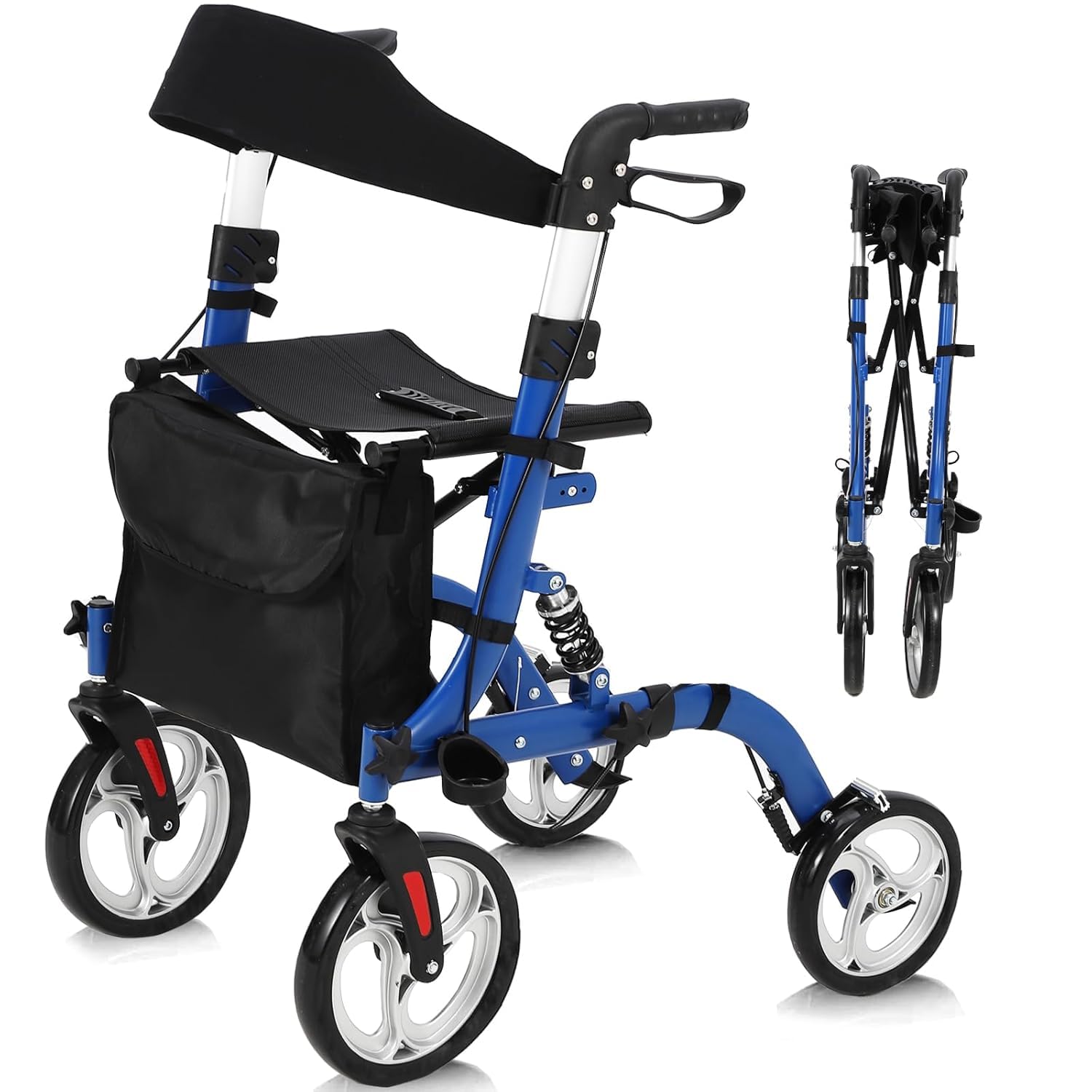 Garvee 2 In 1 Folding Rollator Walker Transport Chair with Reversible Backrest Detachable Footrests Non Pneumatic Wheels for Seniors