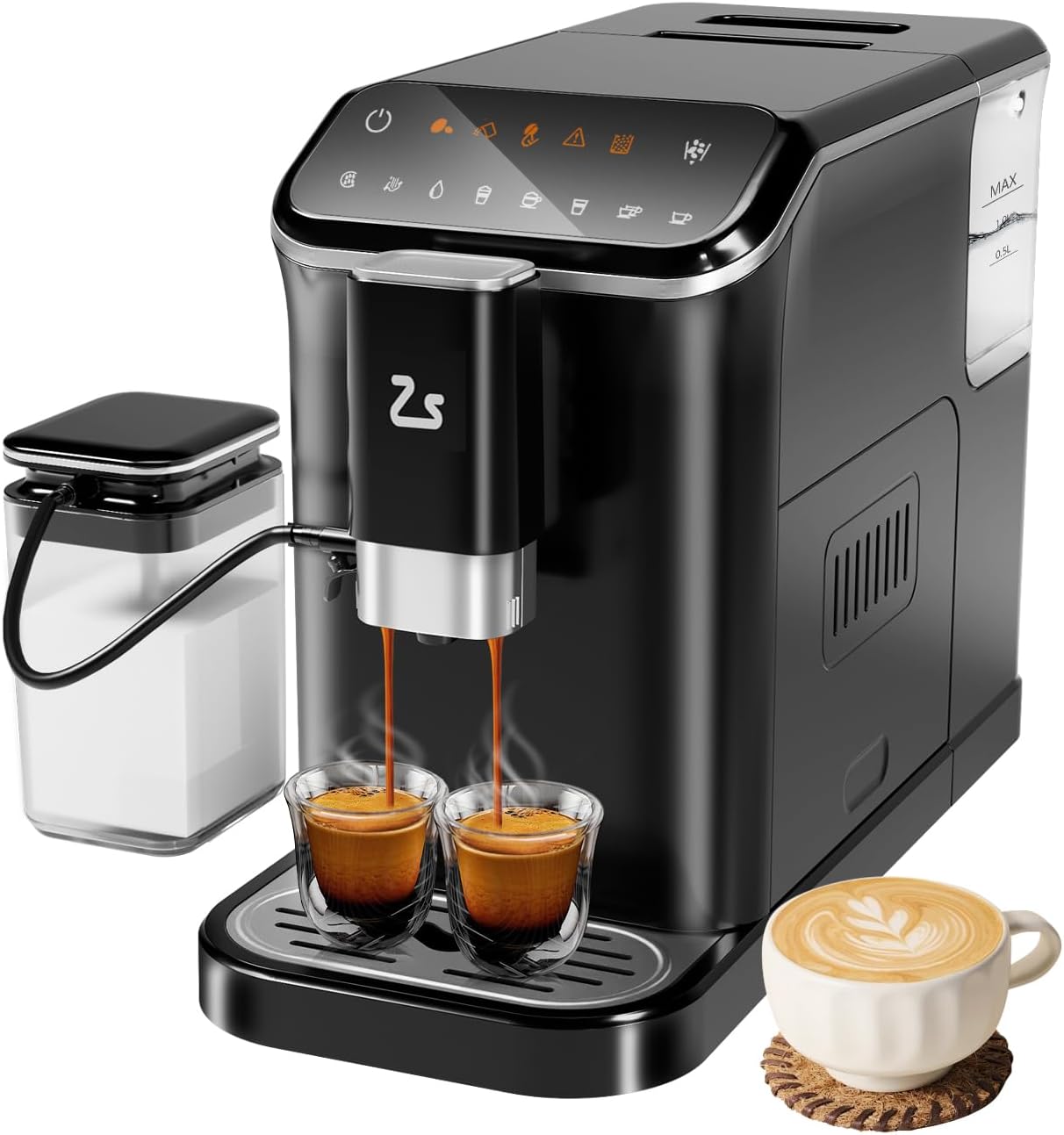 Qeetex COFFEPHO10C0UM9X Fully Automatic Espresso Machine With Built In Grinder Milk Frother Five Hot Beverage Options Silent Brew Technology Stylish Stainless Steel Design And Easy To Use Controls Black