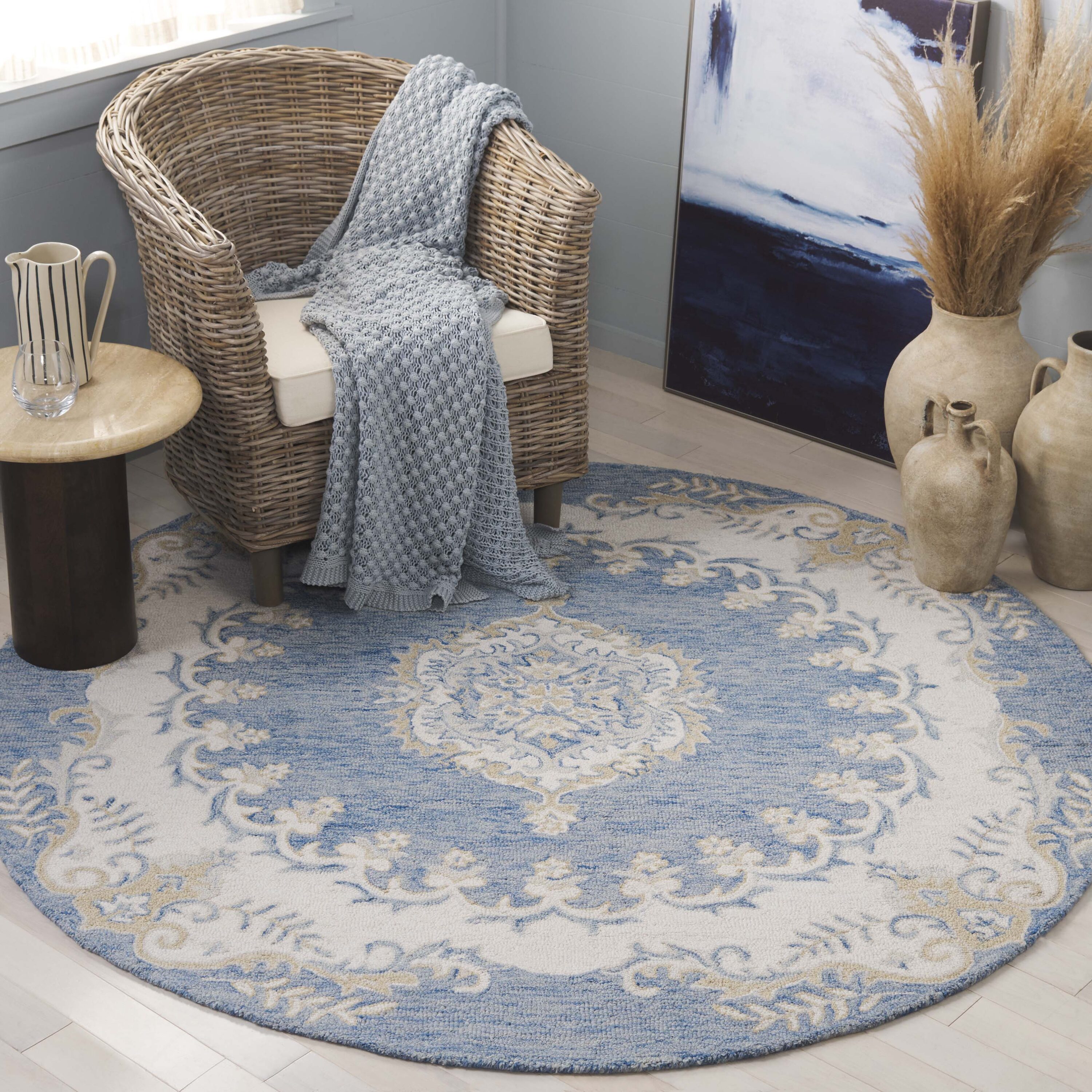  Ebony 121 Blue/Ivory Traditional 6ft x 6ft Round Rug