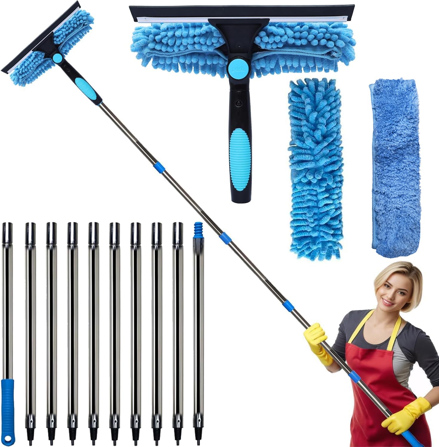 Ahfiwaso 20 Feet Reach Blue 2 in 1 Window Washing Squeegee and Duster ...